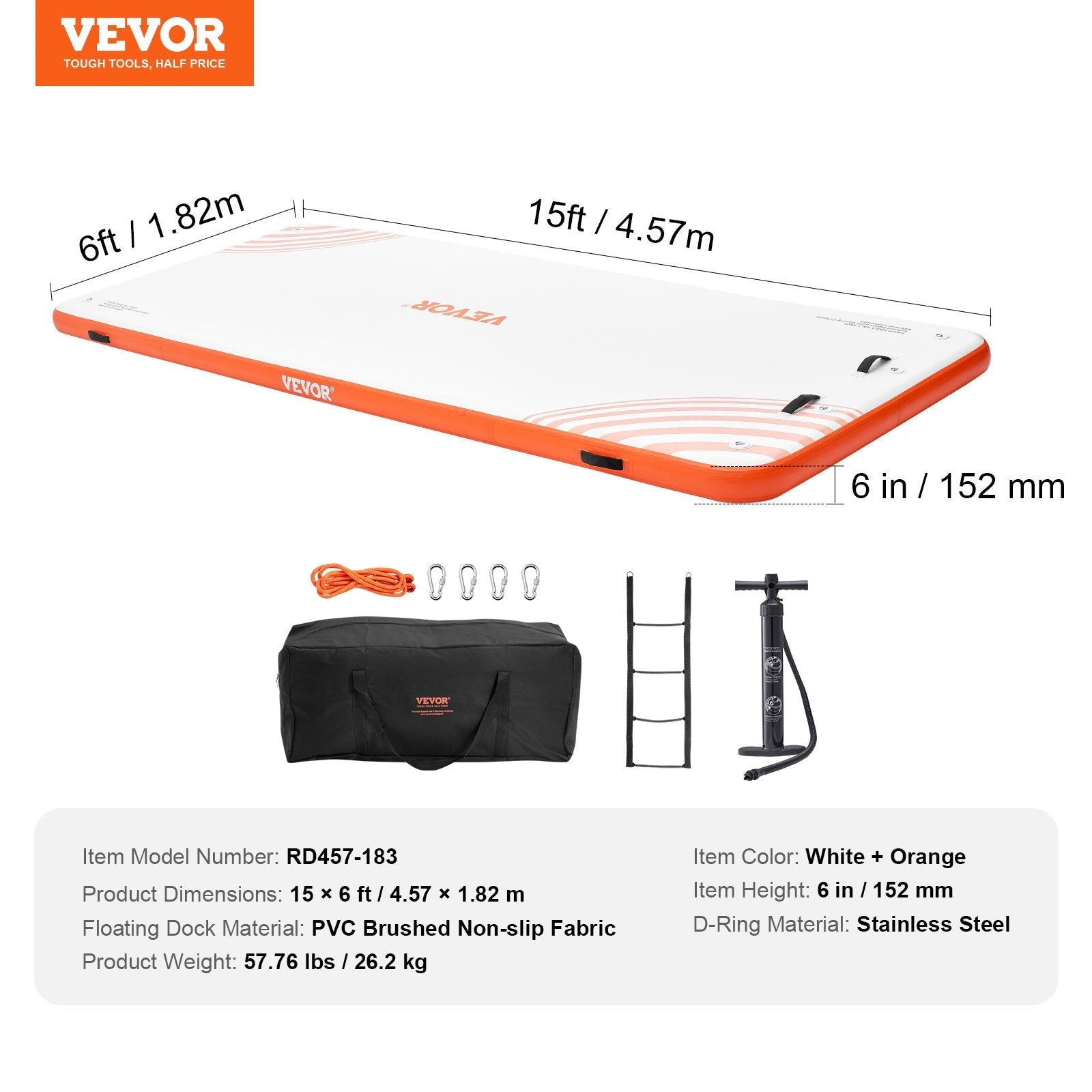 VEVOR Inflatable Floating Dock, 15 x 6FT Inflatable Dock Platform, Non-Slip Water Floating Dock Mat with Detachable Ladder & Portable Carrying Bag, Floating Platform Island Raft for Ocean Pool Beach 