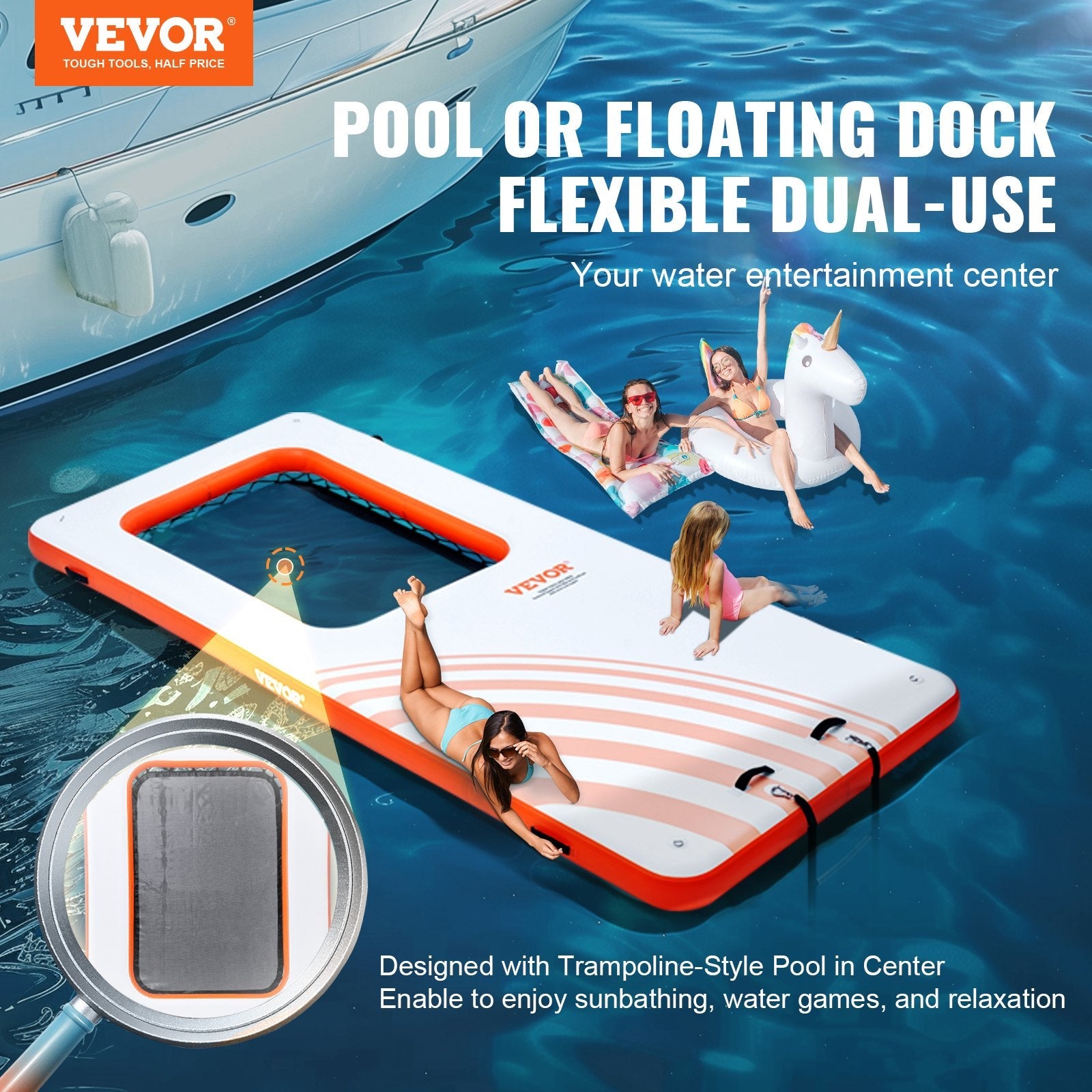 VEVOR Inflatable Floating Dock, 15x6.5FT Inflatable Dock Platform with 4*6FT Trampoline Mesh Pool, Non-Slip Floating Platform Water Mat with Portable Bag & Detachable Ladder for Pool Beach Relaxation 