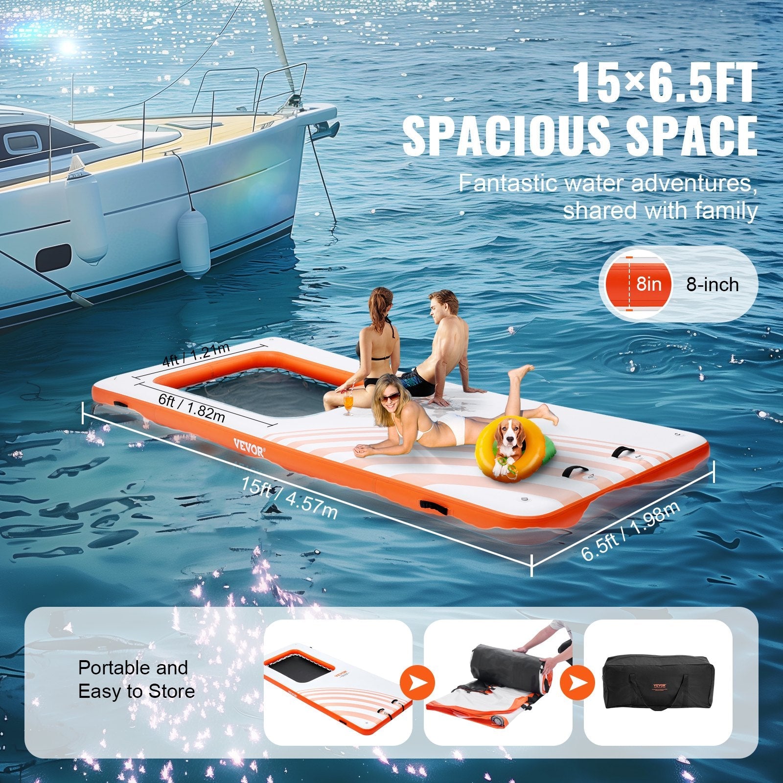 VEVOR Inflatable Floating Dock, 15x6.5FT Inflatable Dock Platform with 4*6FT Trampoline Mesh Pool, Non-Slip Floating Platform Water Mat with Portable Bag & Detachable Ladder for Pool Beach Relaxation 