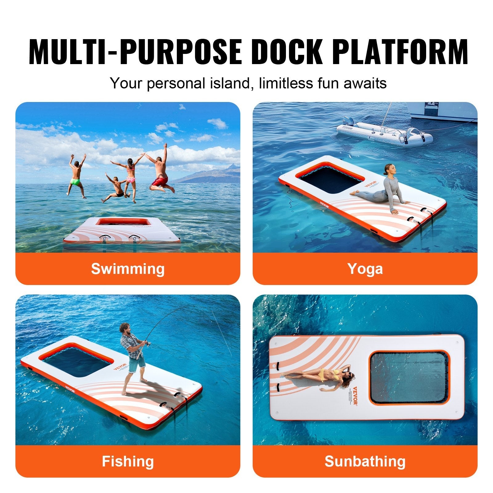 VEVOR Inflatable Floating Dock, 15x6.5FT Inflatable Dock Platform with 4*6FT Trampoline Mesh Pool, Non-Slip Floating Platform Water Mat with Portable Bag & Detachable Ladder for Pool Beach Relaxation 