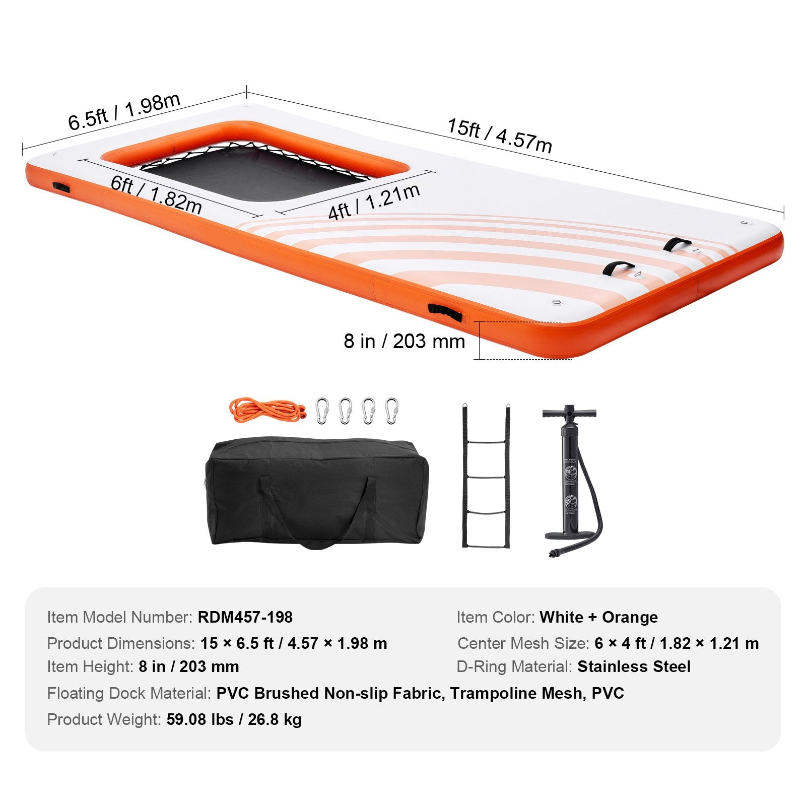 VEVOR Inflatable Floating Dock, 15x6.5FT Inflatable Dock Platform with 4*6FT Trampoline Mesh Pool, Non-Slip Floating Platform Water Mat with Portable Bag & Detachable Ladder for Pool Beach Relaxation 