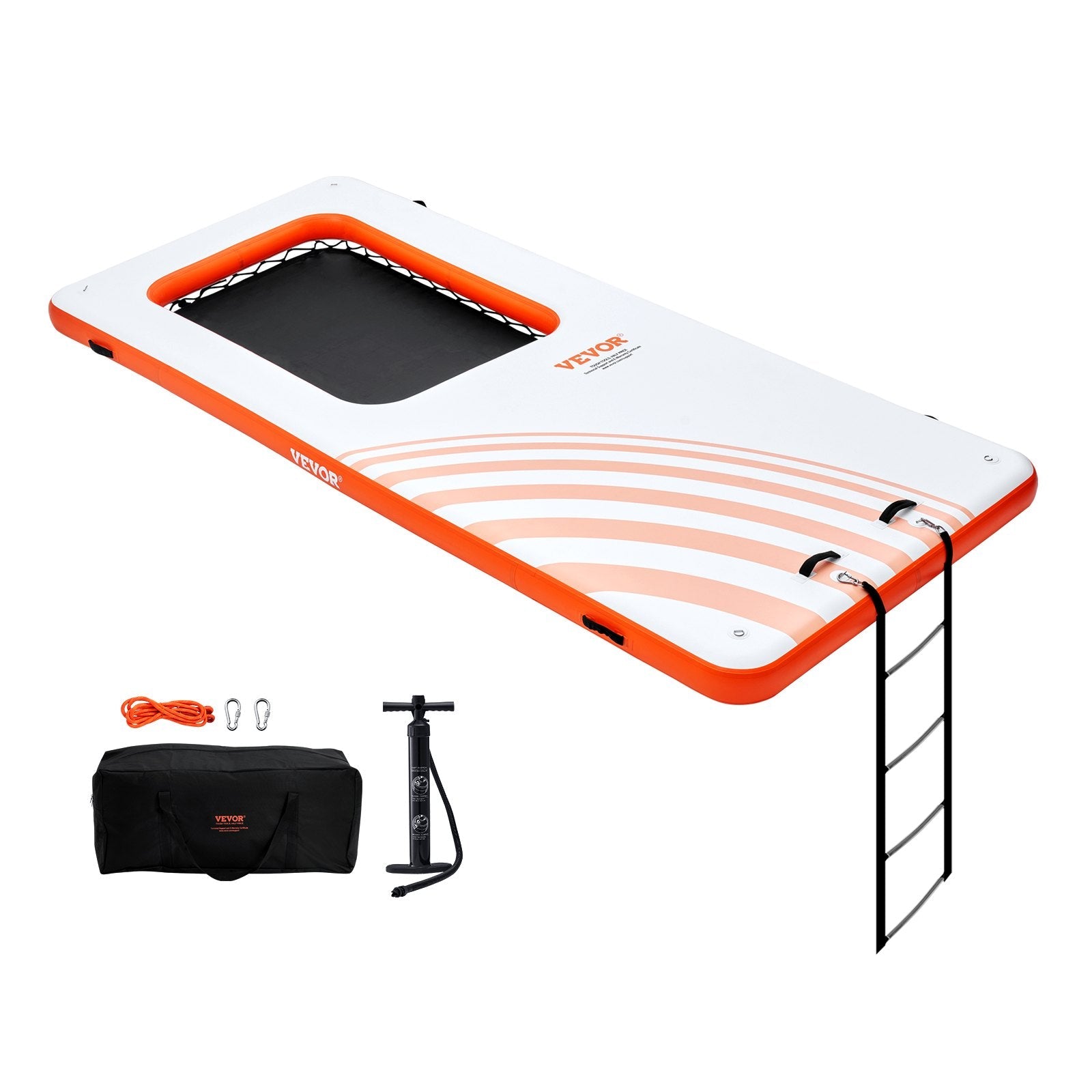 VEVOR Inflatable Floating Dock, 15x6.5FT Inflatable Dock Platform with 4*6FT Trampoline Mesh Pool, Non-Slip Floating Platform Water Mat with Portable Bag & Detachable Ladder for Pool Beach Relaxation 