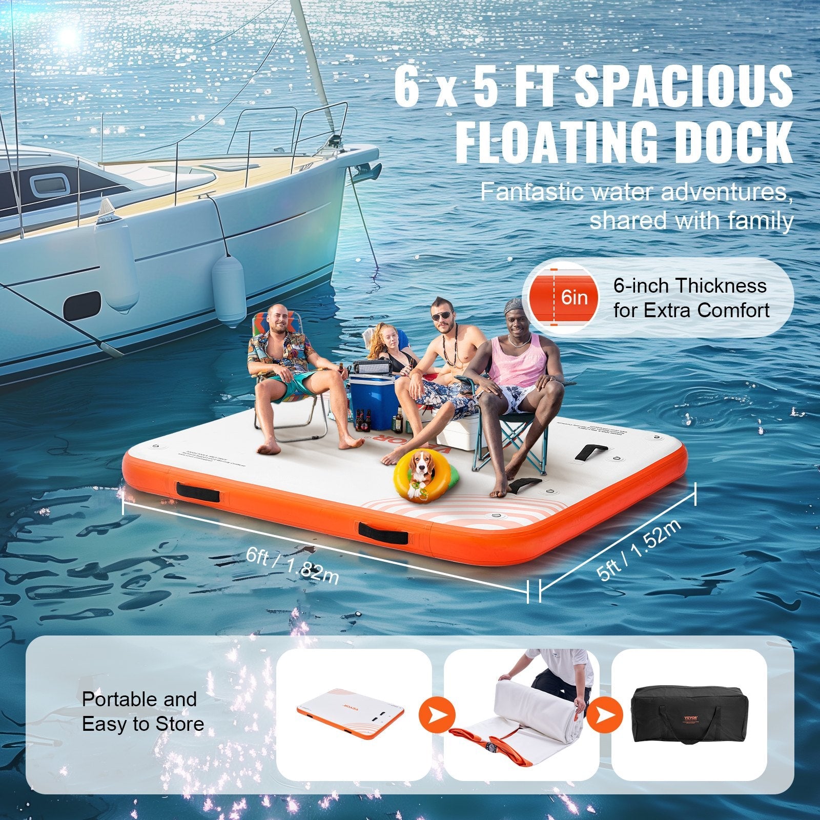 VEVOR Inflatable Floating Dock, 6 x 5FT Inflatable Dock Platform, Non-Slip Water Floating Dock Mat with Portable Carrying Bag & Detachable Ladder, Floating Platform Island Raft for Pool Beach Ocean 