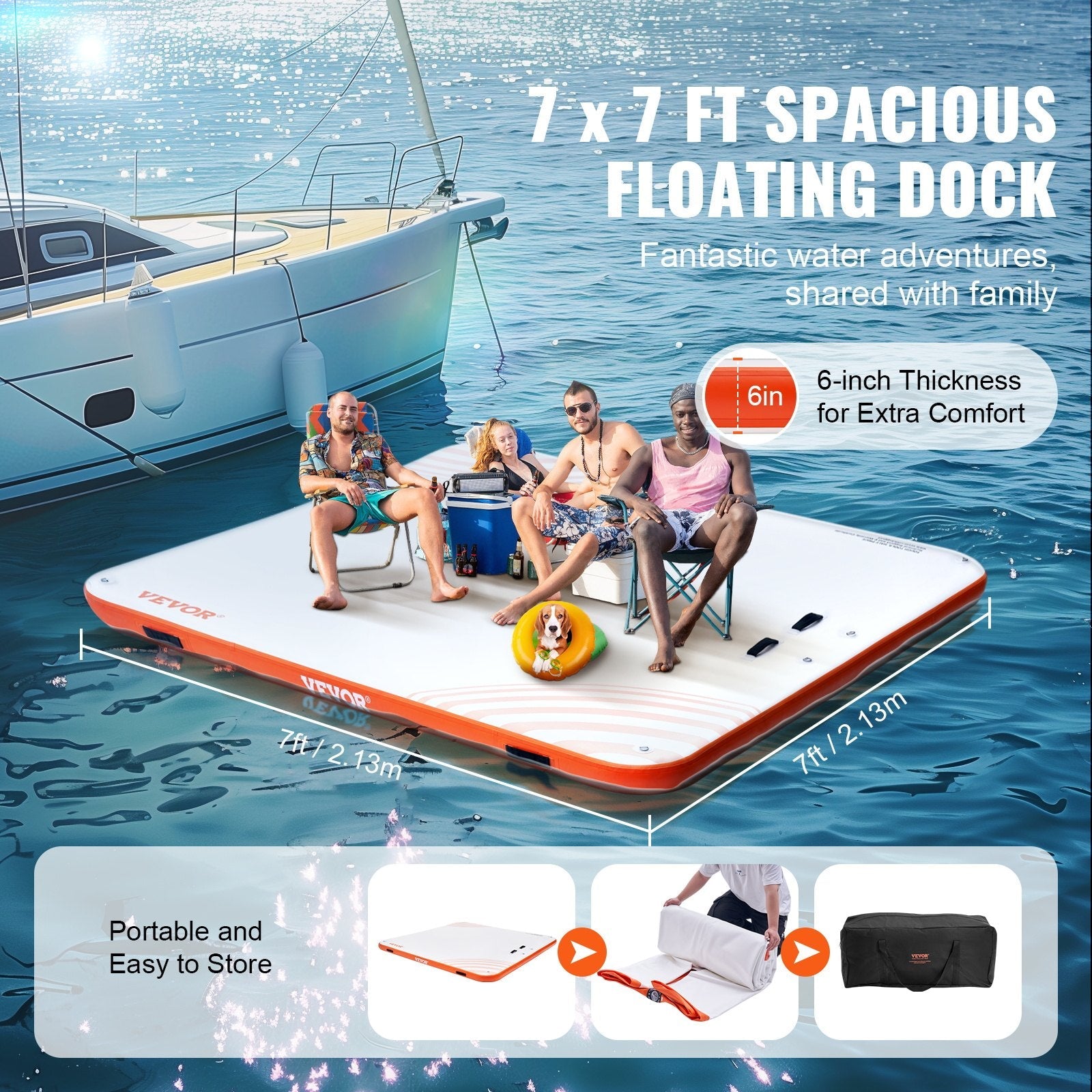 VEVOR Inflatable Floating Dock,7 x 7FT Inflatable Dock Platform, Non-Slip Water Floating Dock Mat with Portable Carrying Bag & Detachable Ladder, Floating Platform Island Raft for Pool Beach Ocean 