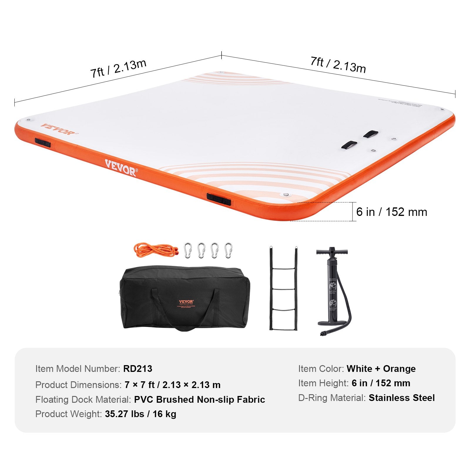 VEVOR Inflatable Floating Dock,7 x 7FT Inflatable Dock Platform, Non-Slip Water Floating Dock Mat with Portable Carrying Bag & Detachable Ladder, Floating Platform Island Raft for Pool Beach Ocean 