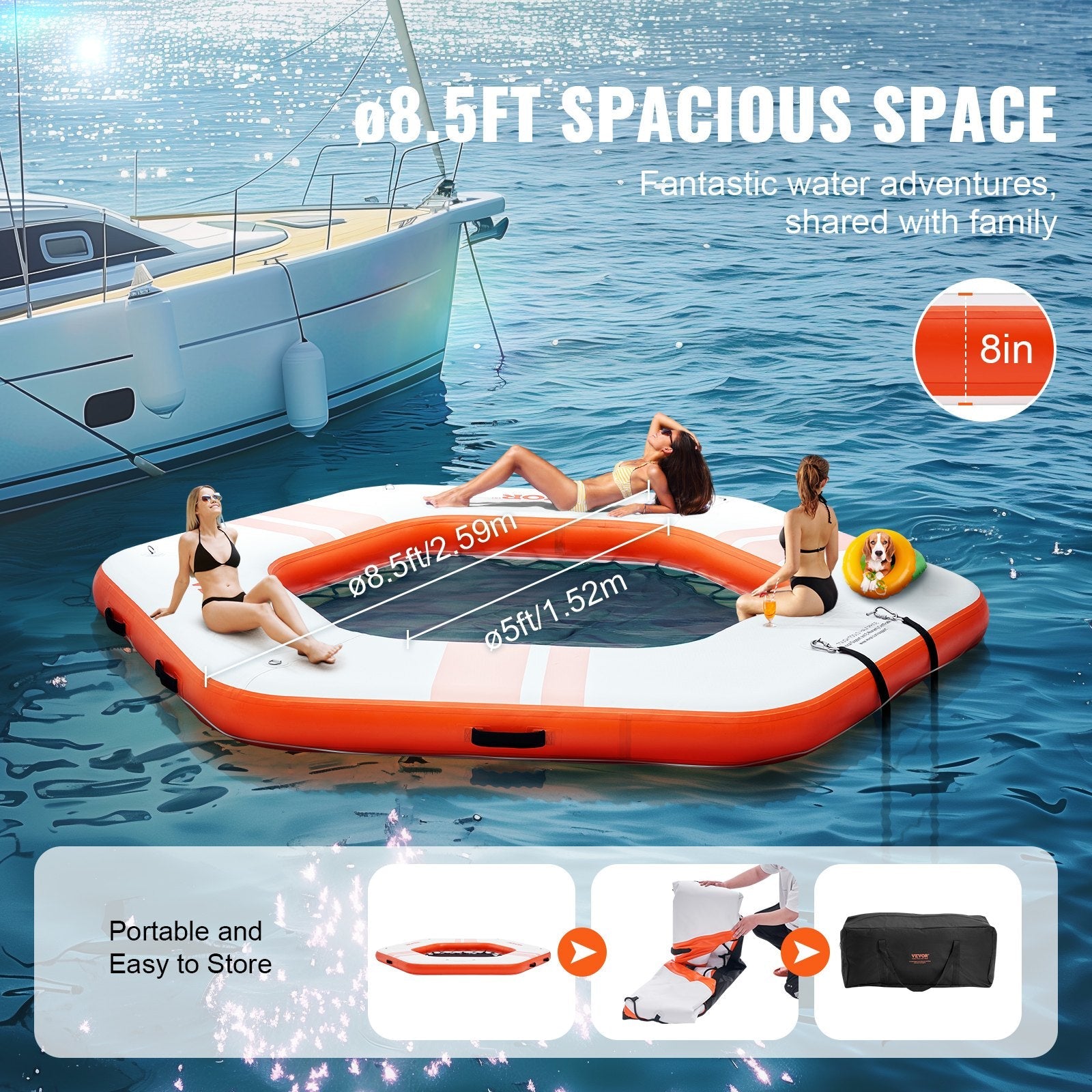 VEVOR Inflatable Floating Dock, ø8.5FT Inflatable Dock Platform with ø5FT Trampoline Mesh Pool, Non-Slip Floating Platform Water Mat with Portable Bag & Detachable Ladder for Pool Beach Relaxation 