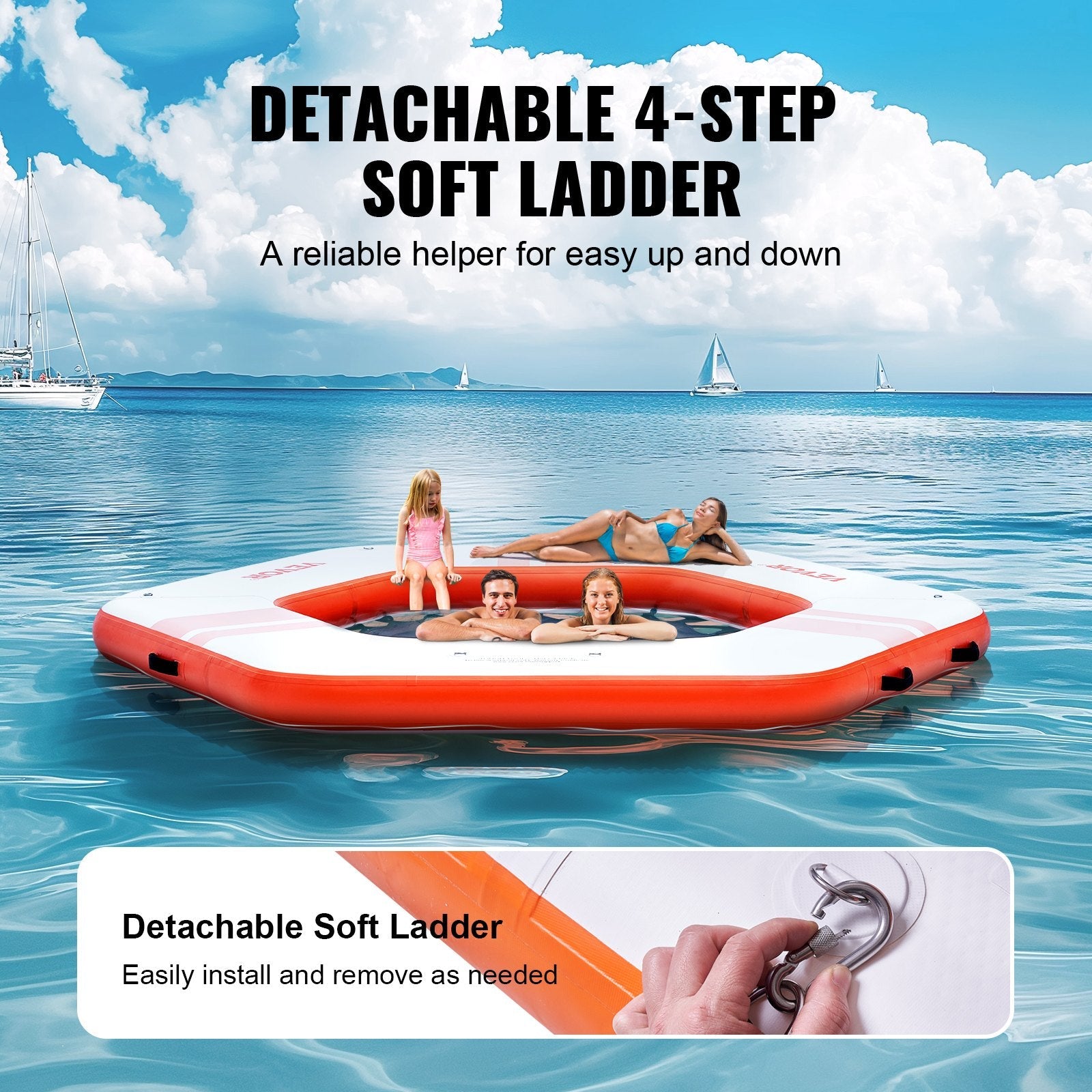 VEVOR Inflatable Floating Dock, ø8.5FT Inflatable Dock Platform with ø5FT Trampoline Mesh Pool, Non-Slip Floating Platform Water Mat with Portable Bag & Detachable Ladder for Pool Beach Relaxation 