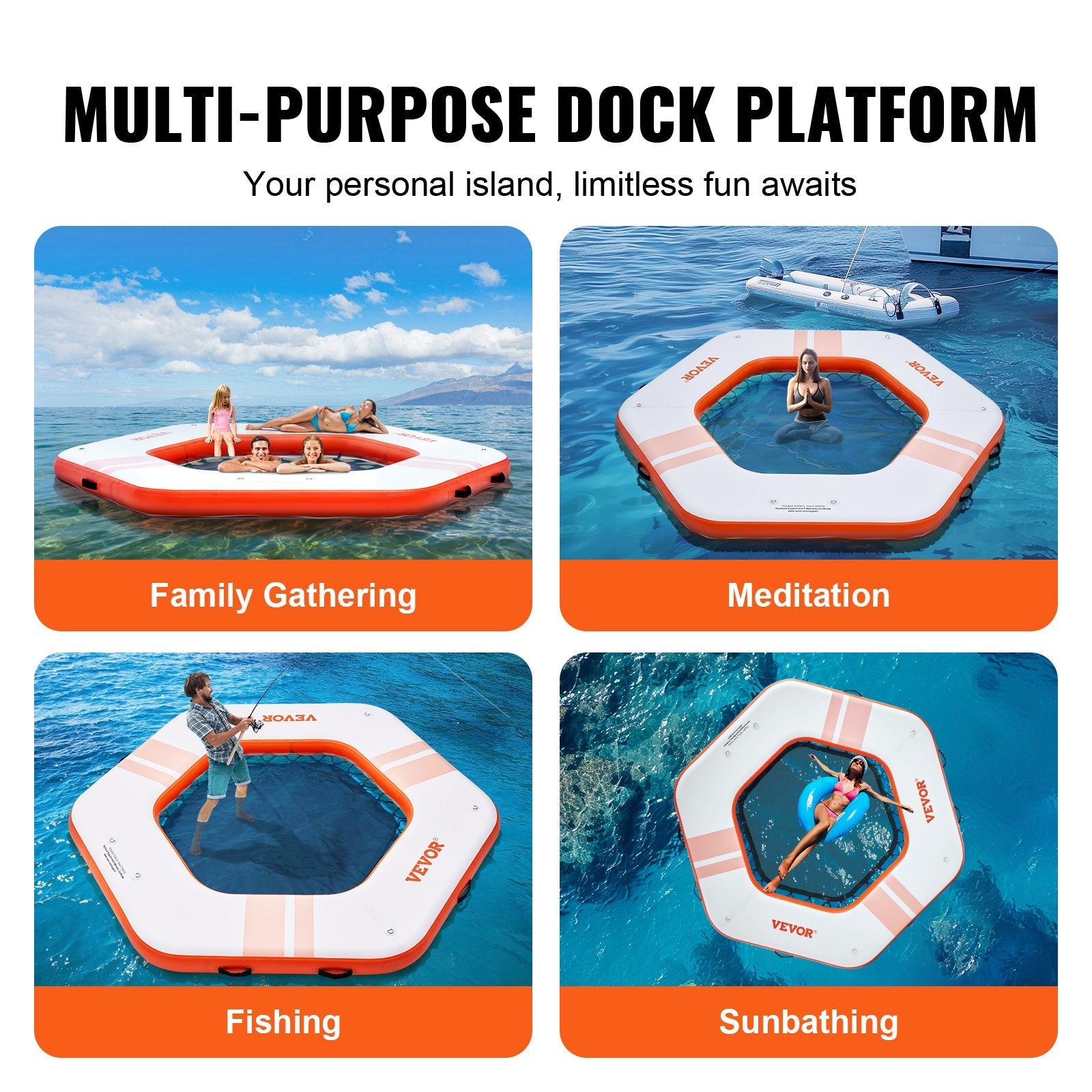 VEVOR Inflatable Floating Dock, ø8.5FT Inflatable Dock Platform with ø5FT Trampoline Mesh Pool, Non-Slip Floating Platform Water Mat with Portable Bag & Detachable Ladder for Pool Beach Relaxation 
