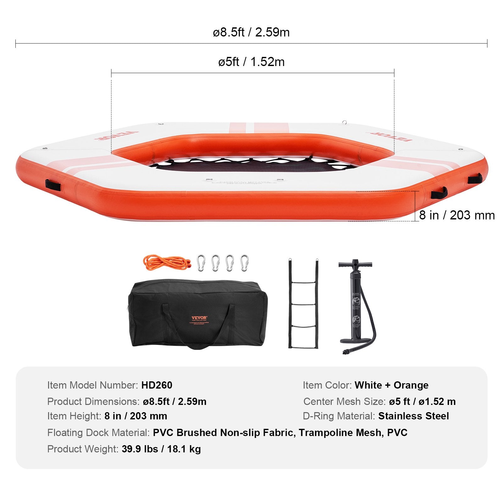 VEVOR Inflatable Floating Dock, ø8.5FT Inflatable Dock Platform with ø5FT Trampoline Mesh Pool, Non-Slip Floating Platform Water Mat with Portable Bag & Detachable Ladder for Pool Beach Relaxation 