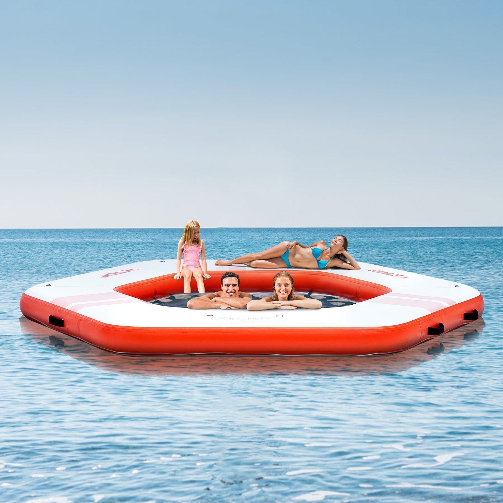 VEVOR Inflatable Floating Dock, ø8.5FT Inflatable Dock Platform with ø5FT Trampoline Mesh Pool, Non-Slip Floating Platform Water Mat with Portable Bag & Detachable Ladder for Pool Beach Relaxation 