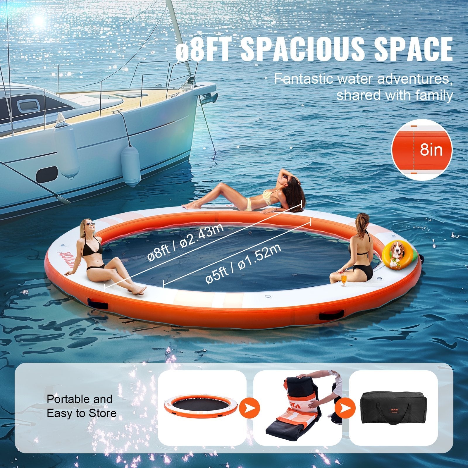 VEVOR Inflatable Floating Dock, ø8FT Inflatable Dock Platform with ø5FT Trampoline Mesh Pool, Non-Slip Floating Platform Water Mat with Portable Bag & Detachable Ladder for Pool Beach Relaxation 