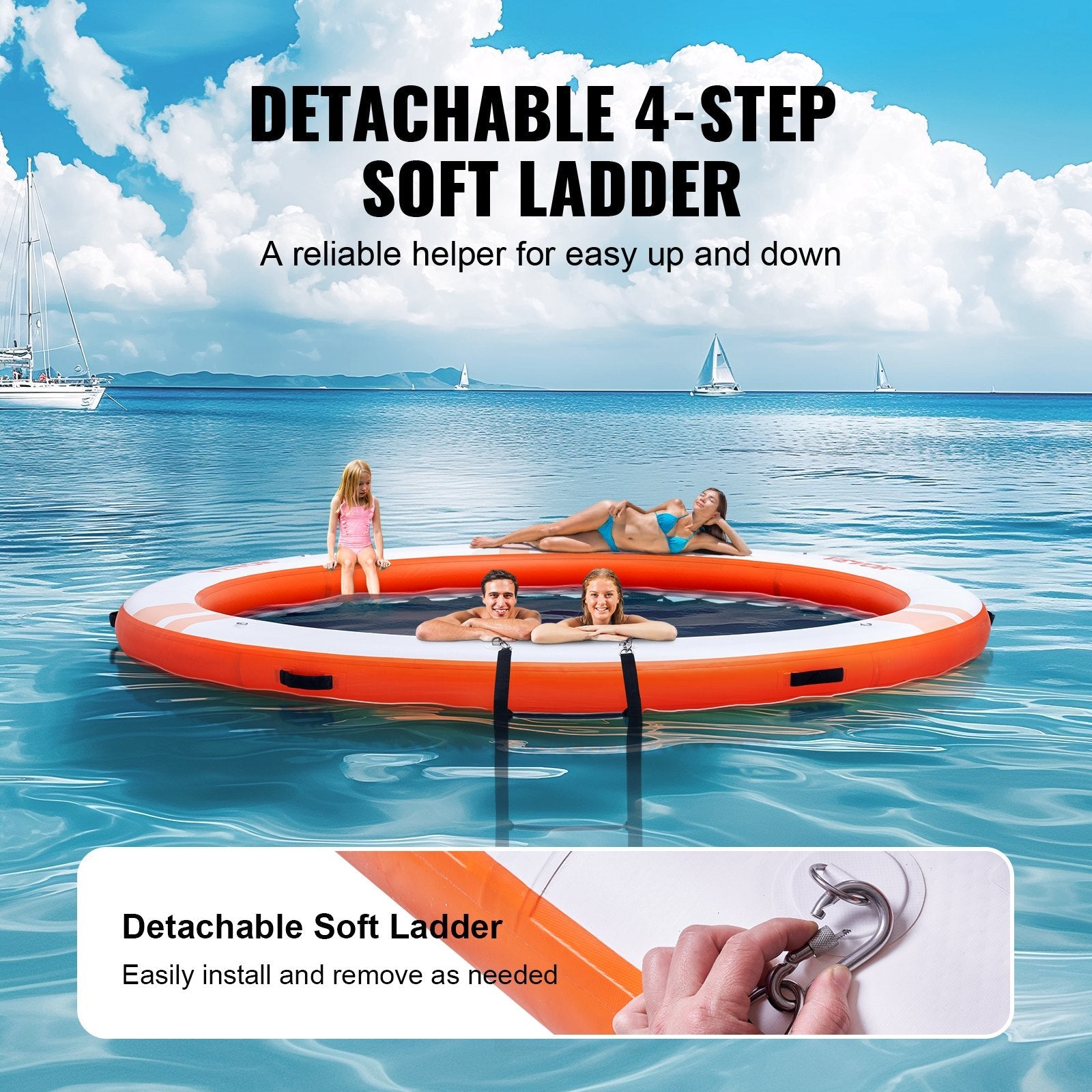 VEVOR Inflatable Floating Dock, ø8FT Inflatable Dock Platform with ø5FT Trampoline Mesh Pool, Non-Slip Floating Platform Water Mat with Portable Bag & Detachable Ladder for Pool Beach Relaxation 