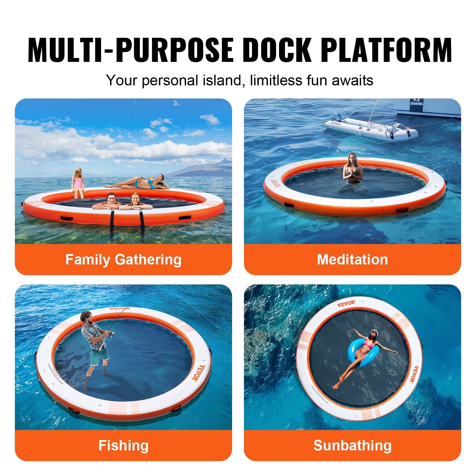 VEVOR Inflatable Floating Dock, ø8FT Inflatable Dock Platform with ø5FT Trampoline Mesh Pool, Non-Slip Floating Platform Water Mat with Portable Bag & Detachable Ladder for Pool Beach Relaxation 