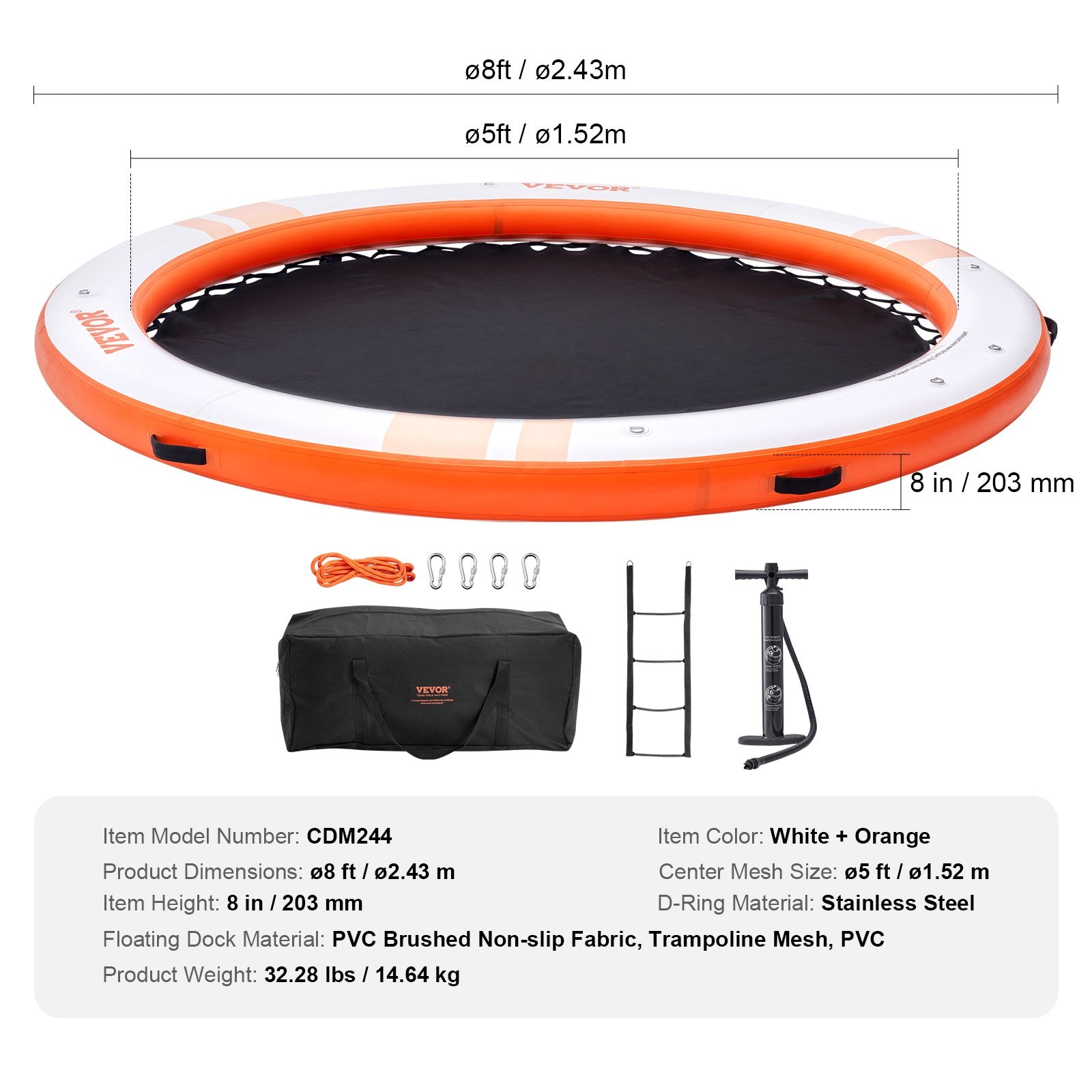 VEVOR Inflatable Floating Dock, ø8FT Inflatable Dock Platform with ø5FT Trampoline Mesh Pool, Non-Slip Floating Platform Water Mat with Portable Bag & Detachable Ladder for Pool Beach Relaxation 
