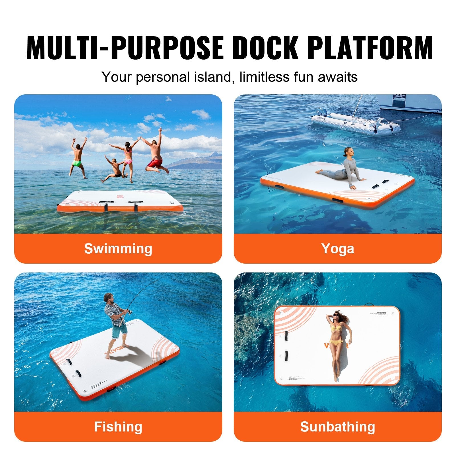 VEVOR Inflatable Floating Dock, 8 x 5FT Inflatable Dock Platform, Non-Slip Water Floating Dock Mat with Portable Carrying Bag & Detachable Ladder, Floating Platform Island Raft for Pool Beach Ocean 