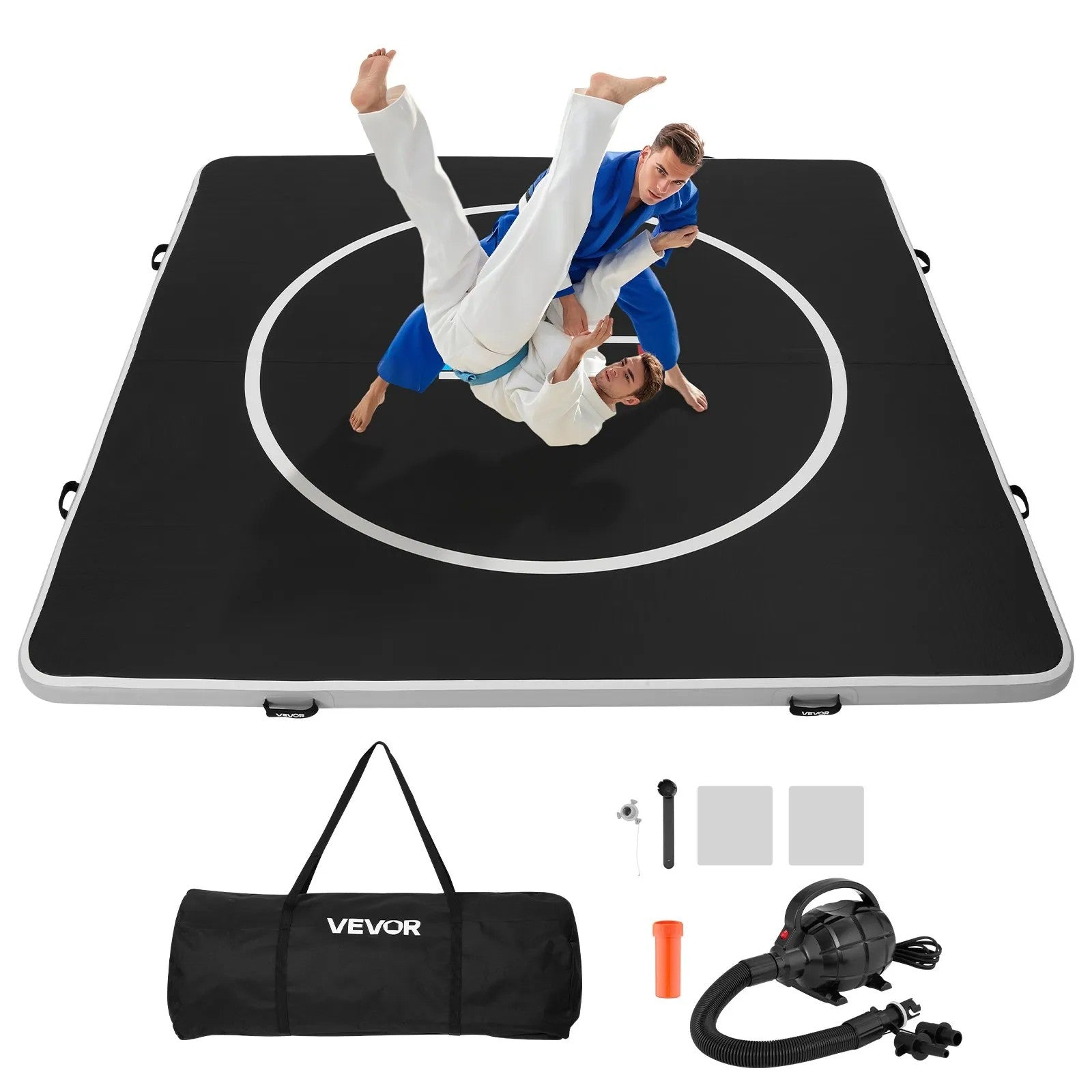 VEVOR 10x10 ft Wrestling Mat Inflatable, Martial Arts Thick Mat for Home Gym Exercise, PVC Foldable Training Mats with Circles and 600W Air Pump, for Gymnastics, Tatami, Jiu Jitsu BJJ MMA Judo, Black 