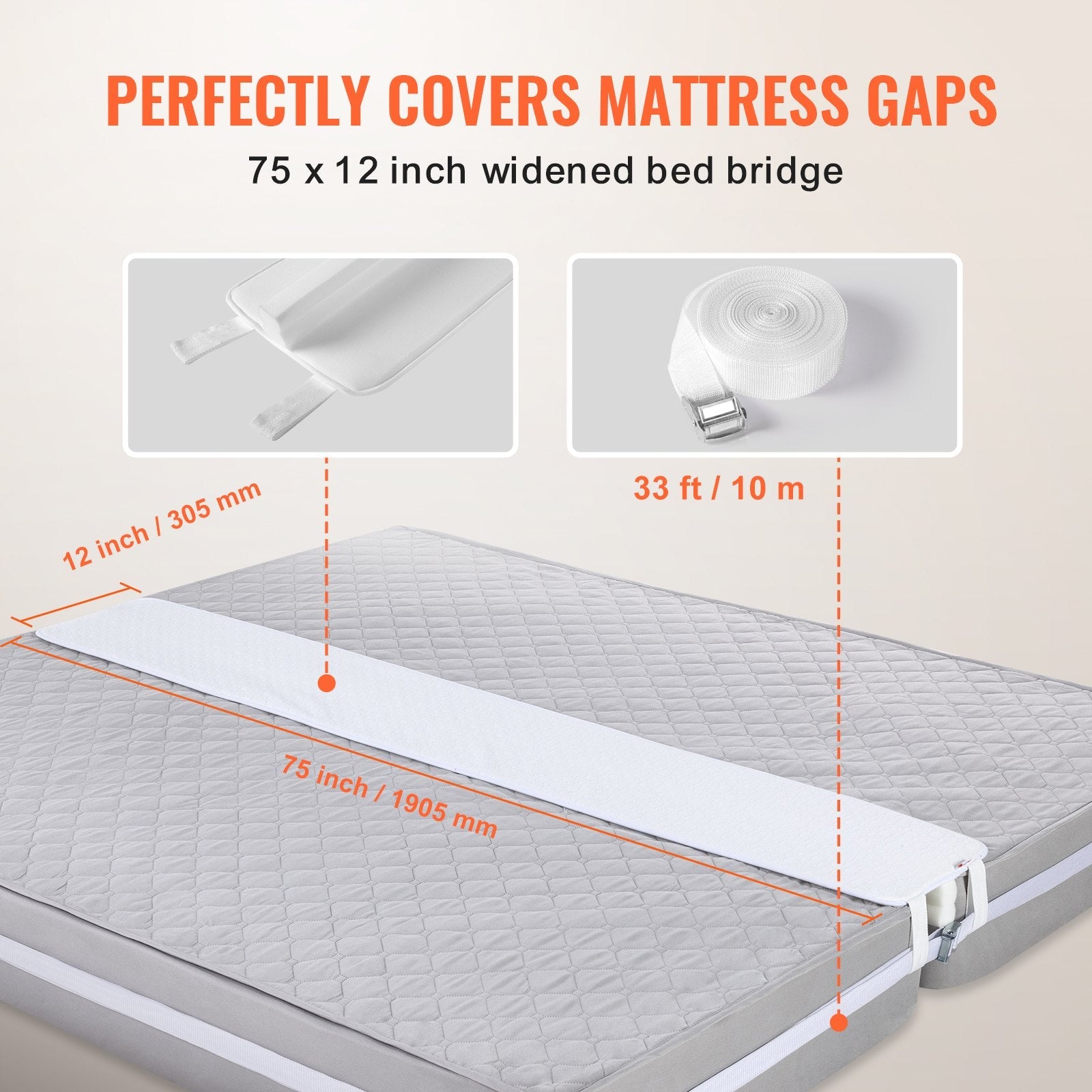 VEVOR Bed Bridge King Bed Connector Kit Metal Buckle & Storage Bag 75" L x 12" W 