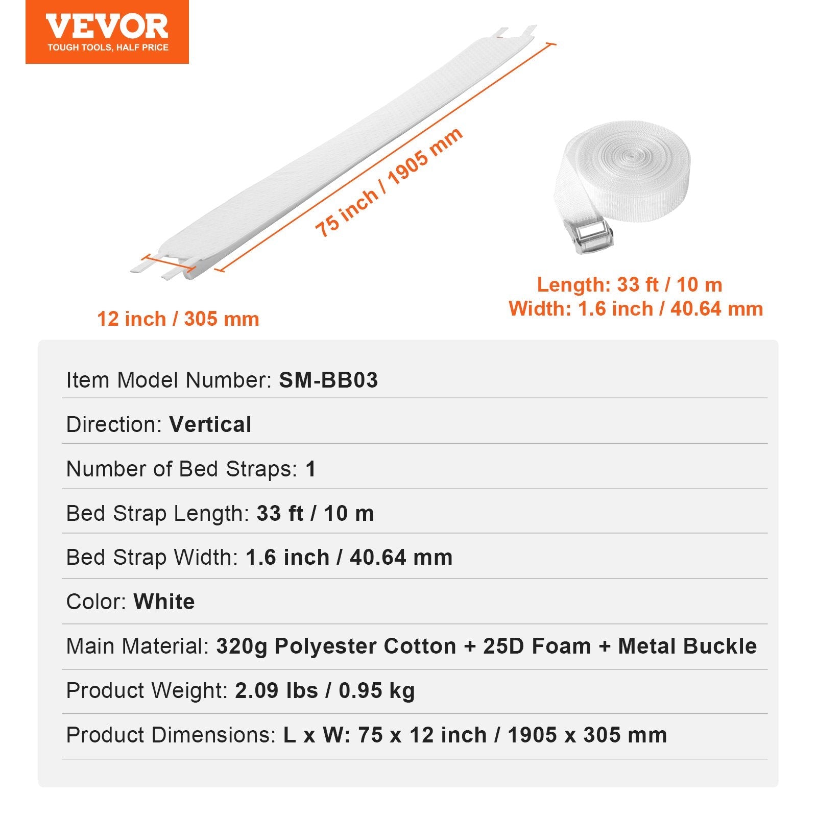 VEVOR Bed Bridge King Bed Connector Kit Metal Buckle & Storage Bag 75" L x 12" W 