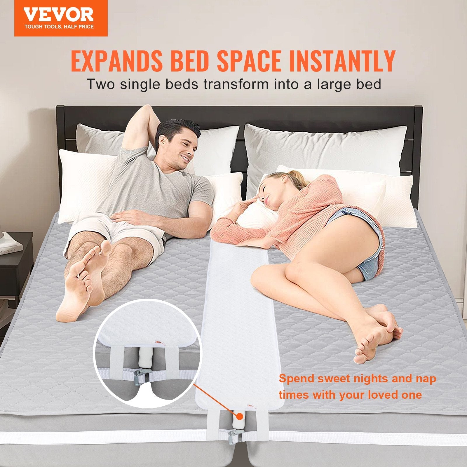 VEVOR Bed Bridge King Bed Connector Kit Metal Buckle and Storage Bag 80"L x 12"W 