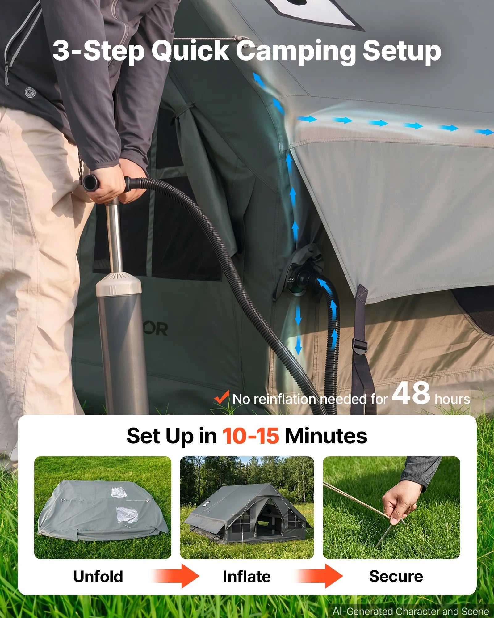 5-8 Person Inflatable Camping Tent with Hand Pump, Waterproof Glamping Air Tent with Skylight, Stove Jack & Carry Bag