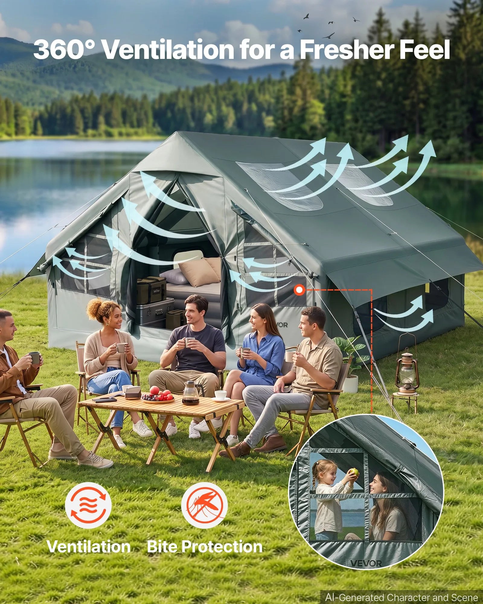 5-8 Person Inflatable Camping Tent with Hand Pump, Waterproof Glamping Air Tent with Skylight, Stove Jack & Carry Bag