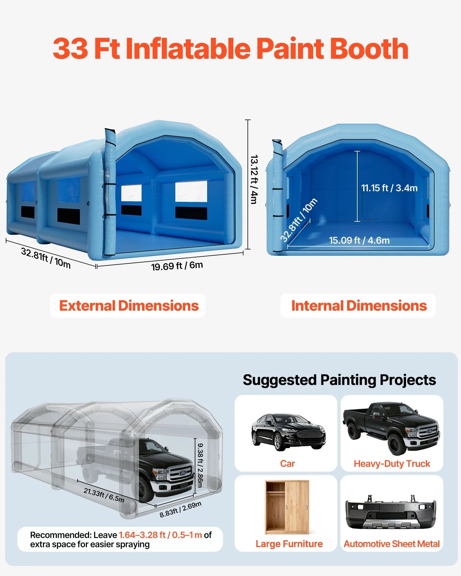VEVOR Inflatable Paint Booth, 32.81 x 19.69 x 13.12 ft, Inflatable Spray Booth with 950W and 1100W Blowers and Air Filter System, Round Roof, for Painting Car, Truck, Furniture, Automotive Sheet Metal 