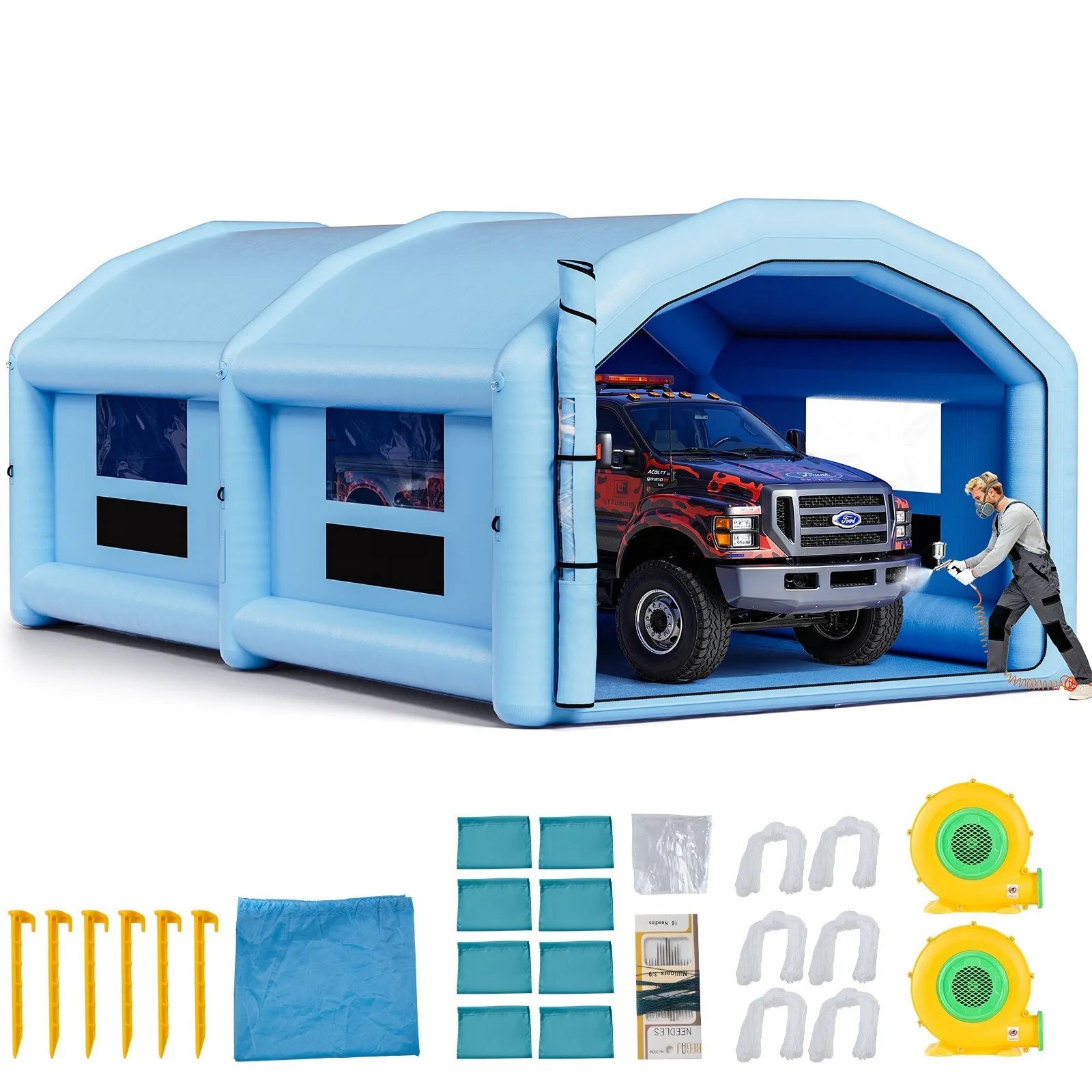 VEVOR Inflatable Paint Booth, 32.81 x 19.69 x 13.12 ft, Inflatable Spray Booth with 950W and 1100W Blowers and Air Filter System, Round Roof, for Painting Car, Truck, Furniture, Automotive Sheet Metal 