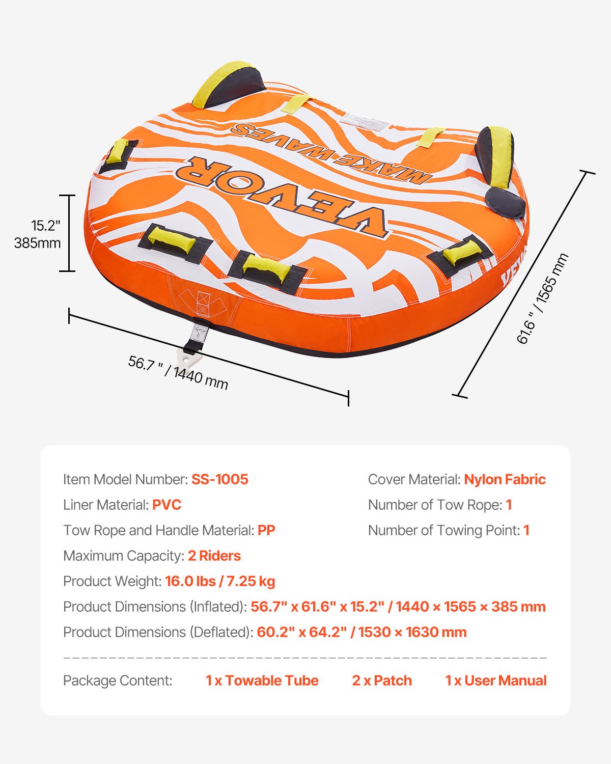VEVOR Towable Tube for Boating 1-2 Riders Inflatable Boat Tubes and Towables 