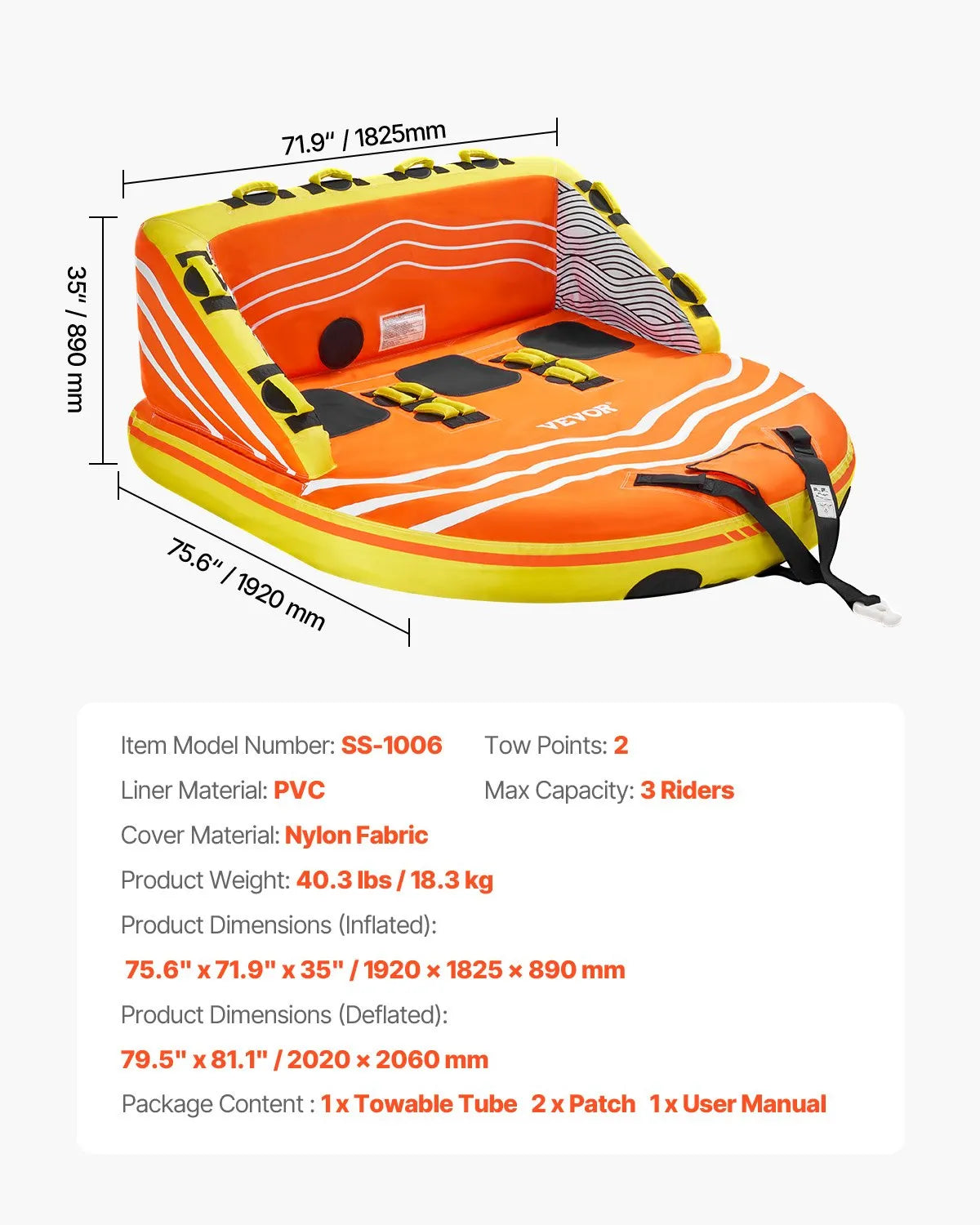 VEVOR Towable Tube for Boating 1-3 Riders Inflatable Boat Tubes and Towables