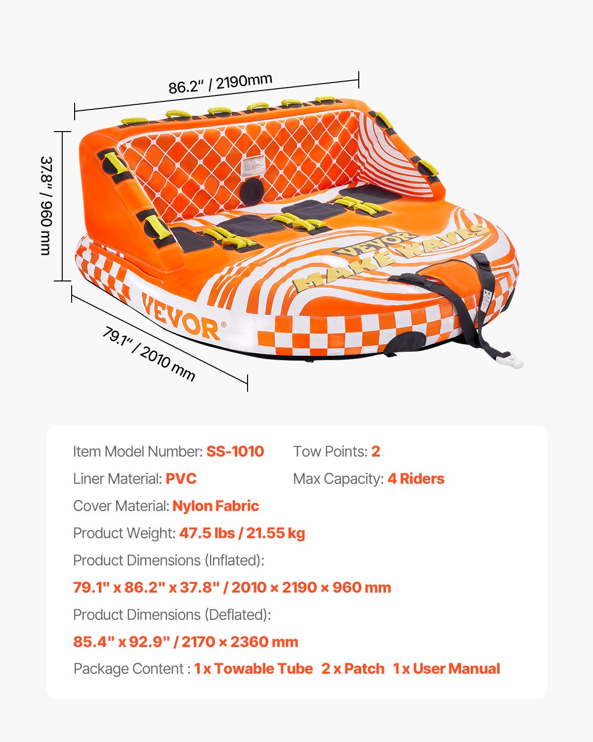 VEVOR Towable Tube for Boating 1-4 Riders Inflatable Boat Tubes and Towables 