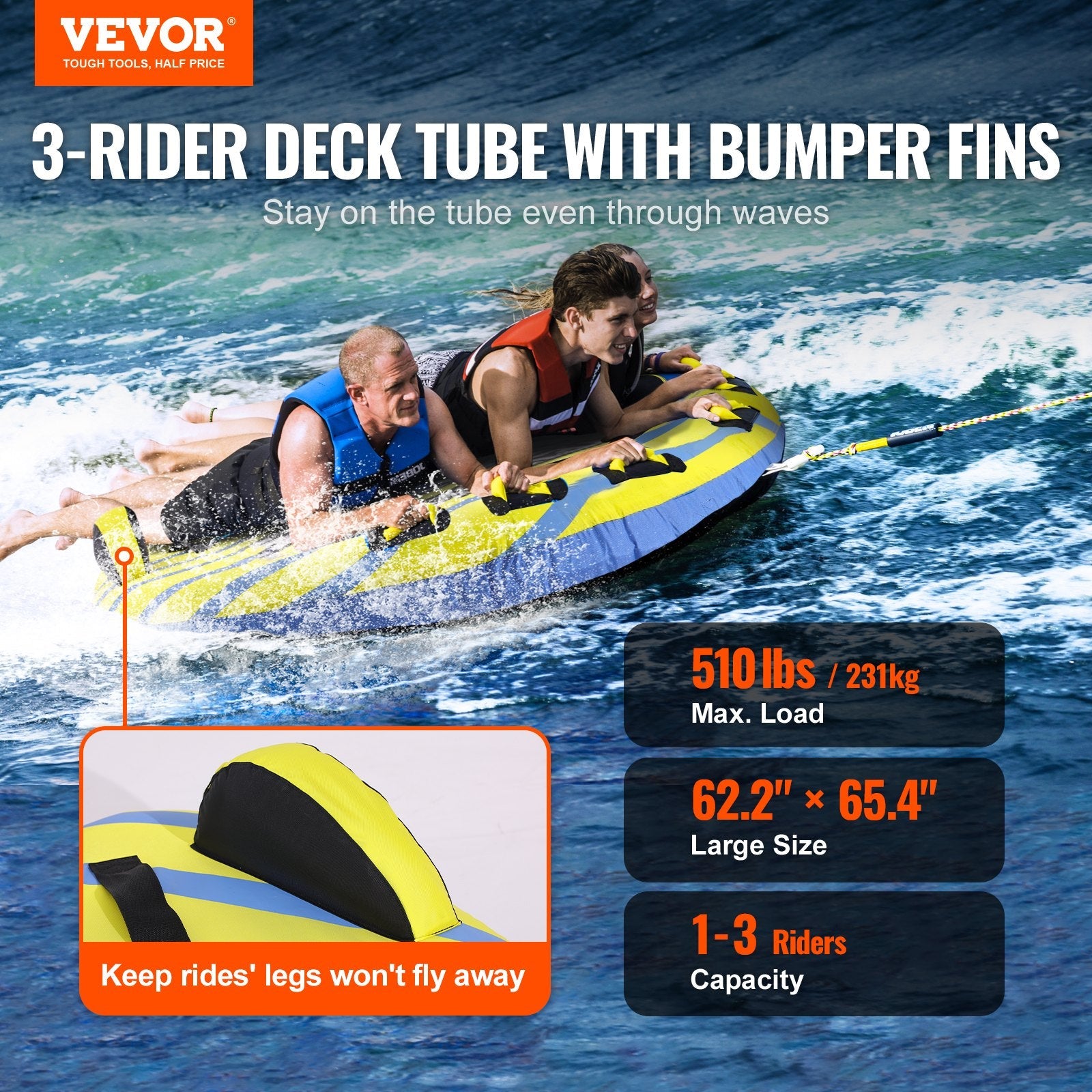 VEVOR Towable Tube for Boating, 1-3 Riders Inflatable Towable Tube with Bumper Fins, 510 lbs Water Sport Towable Tubes for Boats to Pull, Full Nylon Cover, EVA Grab Handles and Speed Safety Valve 