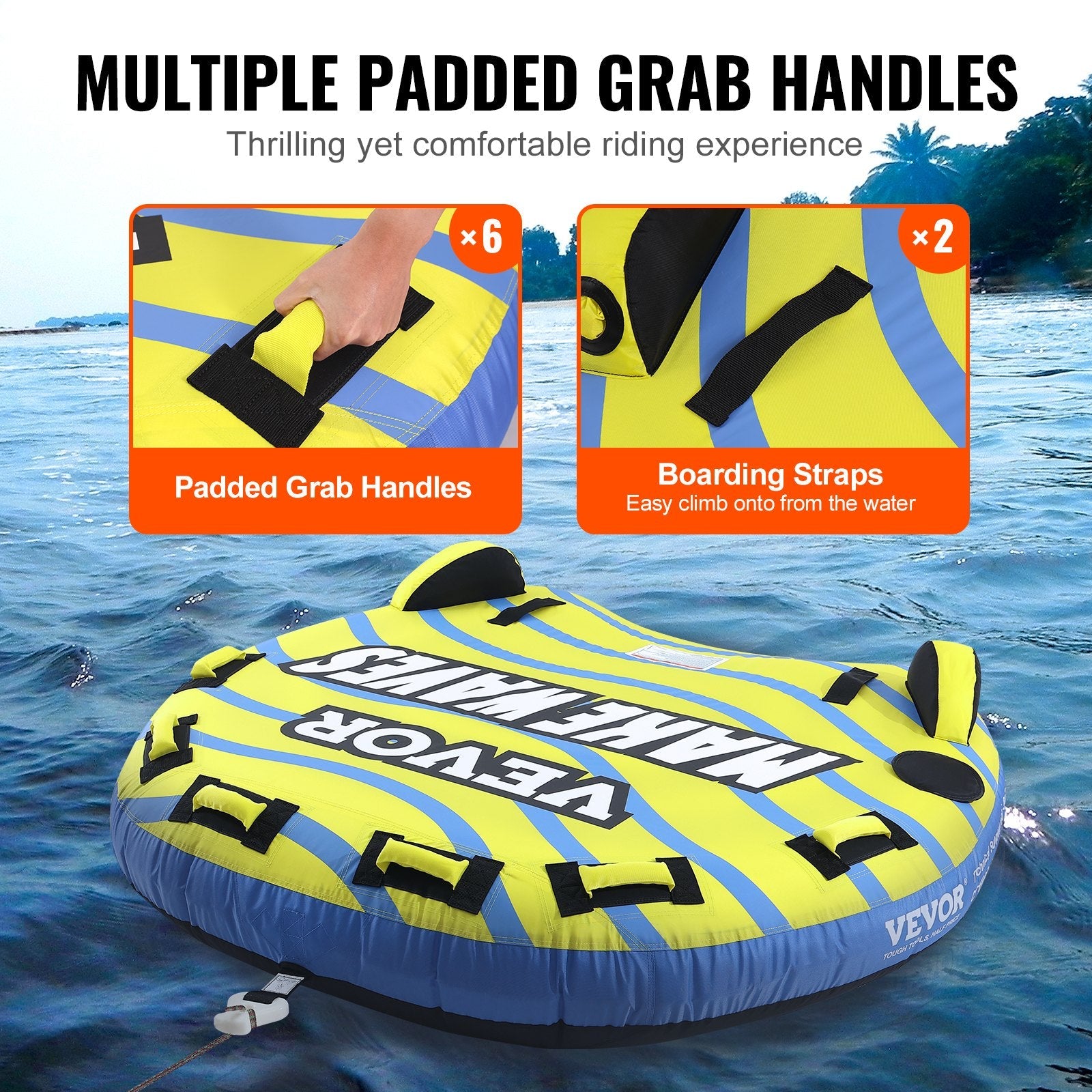 VEVOR Towable Tube for Boating, 1-3 Riders Inflatable Towable Tube with Bumper Fins, 510 lbs Water Sport Towable Tubes for Boats to Pull, Full Nylon Cover, EVA Grab Handles and Speed Safety Valve 