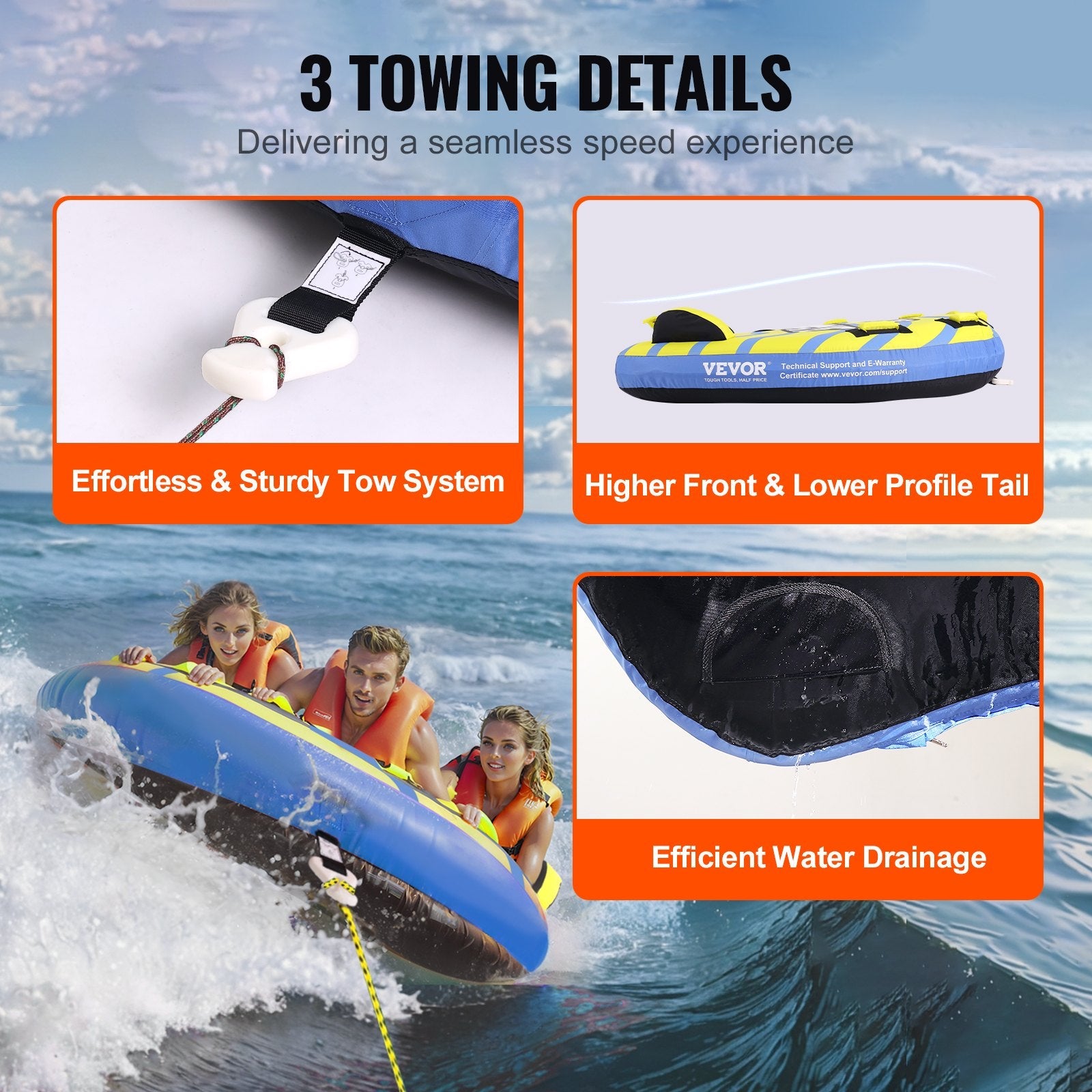 VEVOR Towable Tube for Boating, 1-3 Riders Inflatable Towable Tube with Bumper Fins, 510 lbs Water Sport Towable Tubes for Boats to Pull, Full Nylon Cover, EVA Grab Handles and Speed Safety Valve 