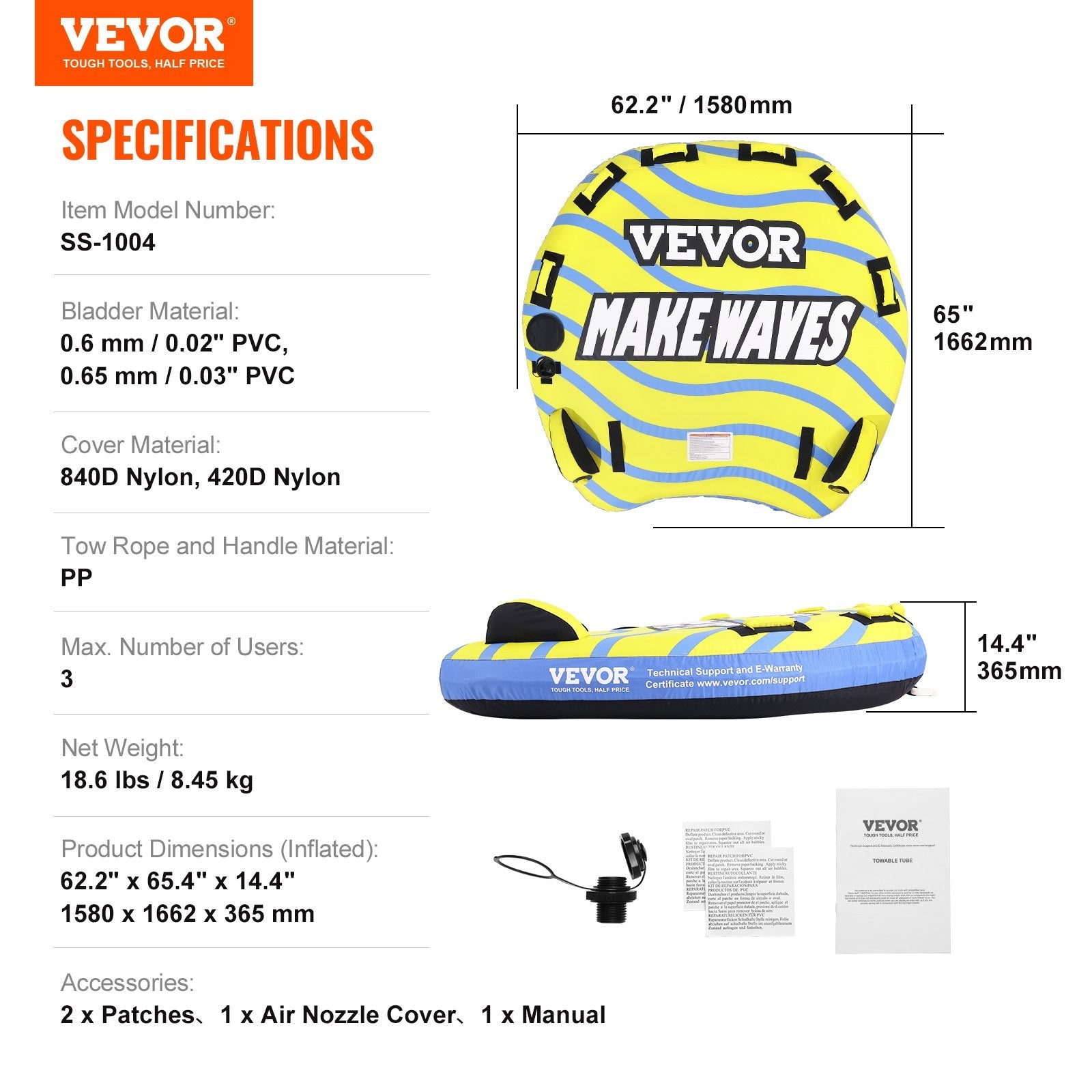 VEVOR Towable Tube for Boating, 1-3 Riders Inflatable Towable Tube with Bumper Fins, 510 lbs Water Sport Towable Tubes for Boats to Pull, Full Nylon Cover, EVA Grab Handles and Speed Safety Valve 