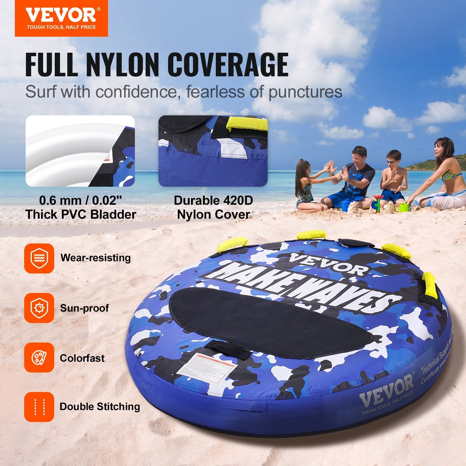 VEVOR Towable Tube for Boating, 1-2 Riders Inflatable Boat Tubes and Towables, 340 lbs, 51.8" Round Water Sport Towable Tube for Boat to Pull, Full Nylon Cover, EVA Grab Handles and Speed Safety Valve 