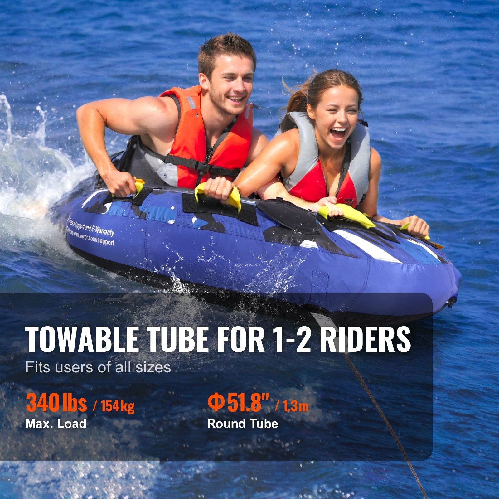 VEVOR Towable Tube for Boating, 1-2 Riders Inflatable Boat Tubes and Towables, 340 lbs, 51.8" Round Water Sport Towable Tube for Boat to Pull, Full Nylon Cover, EVA Grab Handles and Speed Safety Valve 