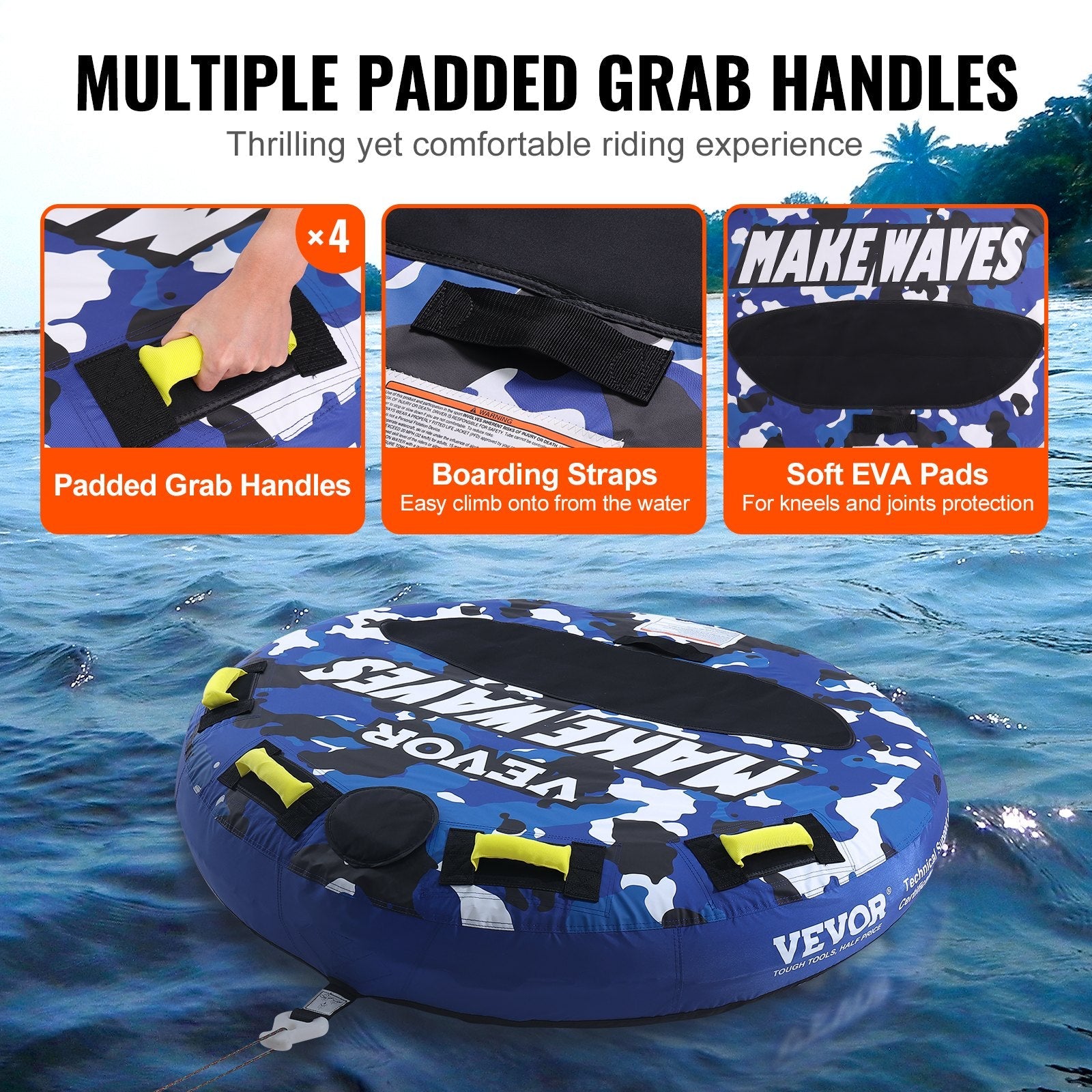 VEVOR Towable Tube for Boating, 1-2 Riders Inflatable Boat Tubes and Towables, 340 lbs, 51.8" Round Water Sport Towable Tube for Boat to Pull, Full Nylon Cover, EVA Grab Handles and Speed Safety Valve 