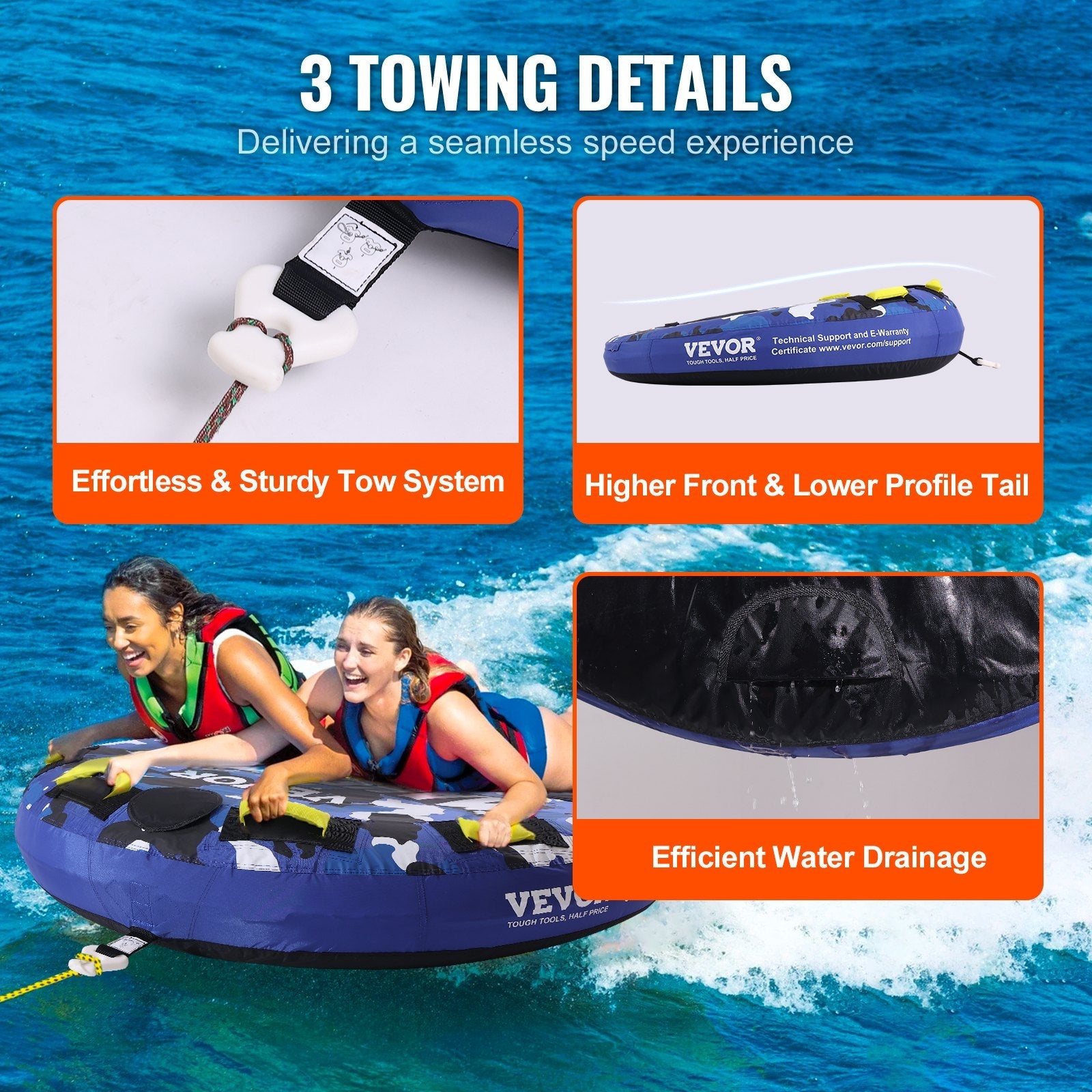 VEVOR Towable Tube for Boating, 1-2 Riders Inflatable Boat Tubes and Towables, 340 lbs, 51.8" Round Water Sport Towable Tube for Boat to Pull, Full Nylon Cover, EVA Grab Handles and Speed Safety Valve 