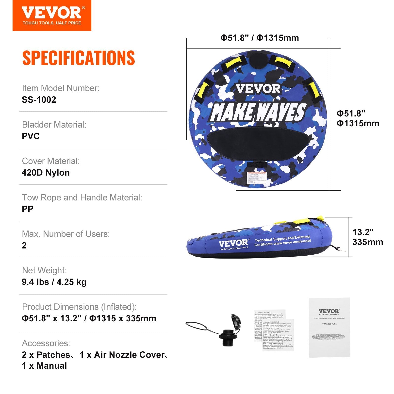 VEVOR Towable Tube for Boating, 1-2 Riders Inflatable Boat Tubes and Towables, 340 lbs, 51.8" Round Water Sport Towable Tube for Boat to Pull, Full Nylon Cover, EVA Grab Handles and Speed Safety Valve 