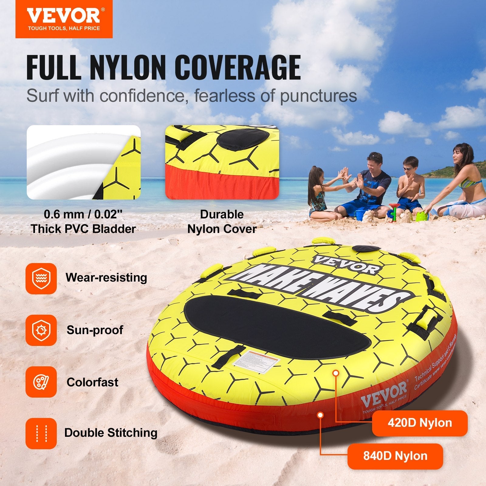 VEVOR Towable Tube for Boating, 1-3 Riders Inflatable Boat Tubes and Towables, 510 lbs, 63" Round Water Sport Towable Tubes for Boats to Pull, Full Nylon Cover, EVA Grab Handles and Speed Safety Valve 