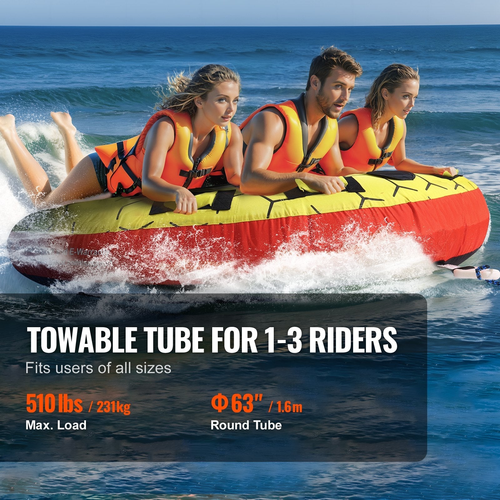 VEVOR Towable Tube for Boating, 1-3 Riders Inflatable Boat Tubes and Towables, 510 lbs, 63" Round Water Sport Towable Tubes for Boats to Pull, Full Nylon Cover, EVA Grab Handles and Speed Safety Valve 
