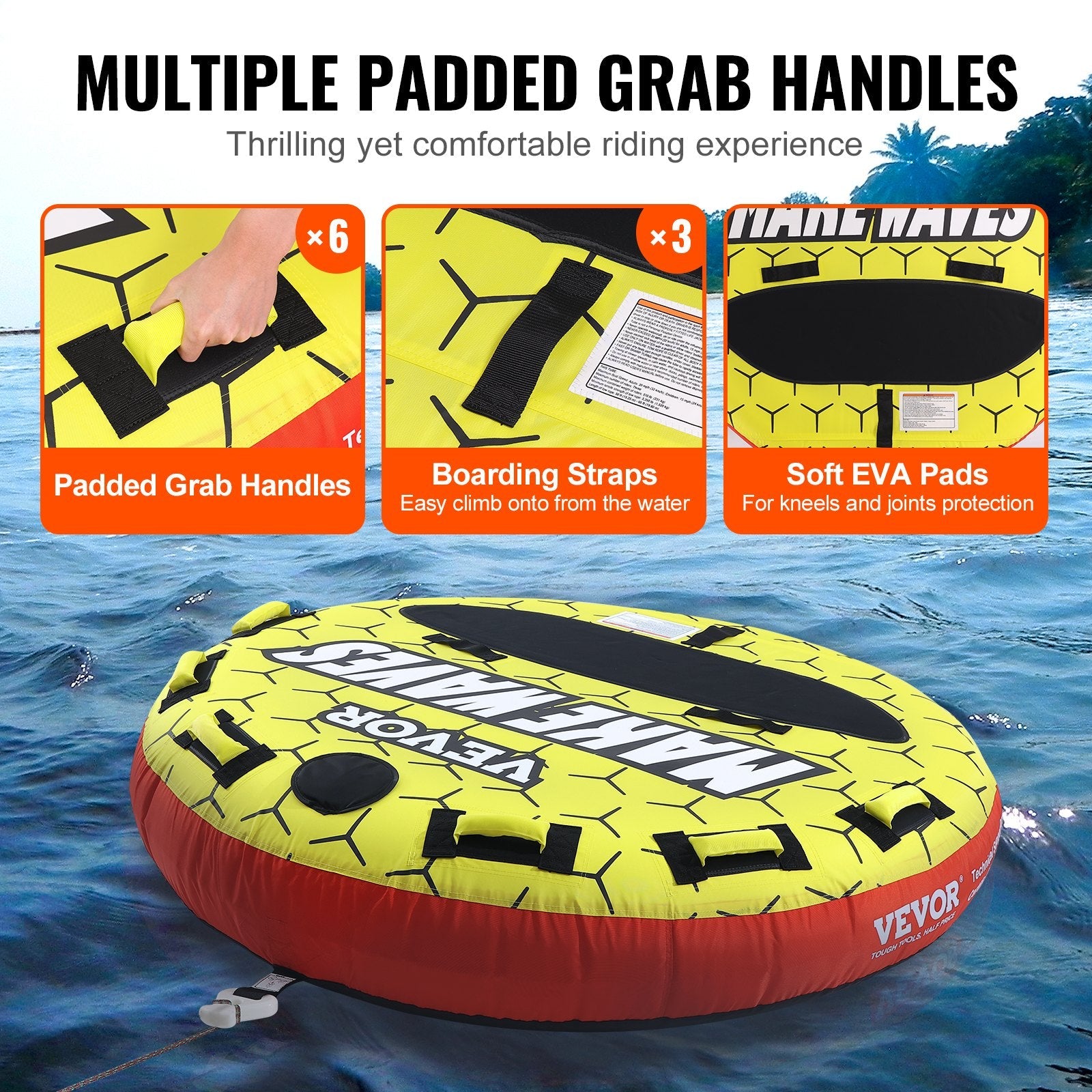 VEVOR Towable Tube for Boating, 1-3 Riders Inflatable Boat Tubes and Towables, 510 lbs, 63" Round Water Sport Towable Tubes for Boats to Pull, Full Nylon Cover, EVA Grab Handles and Speed Safety Valve 