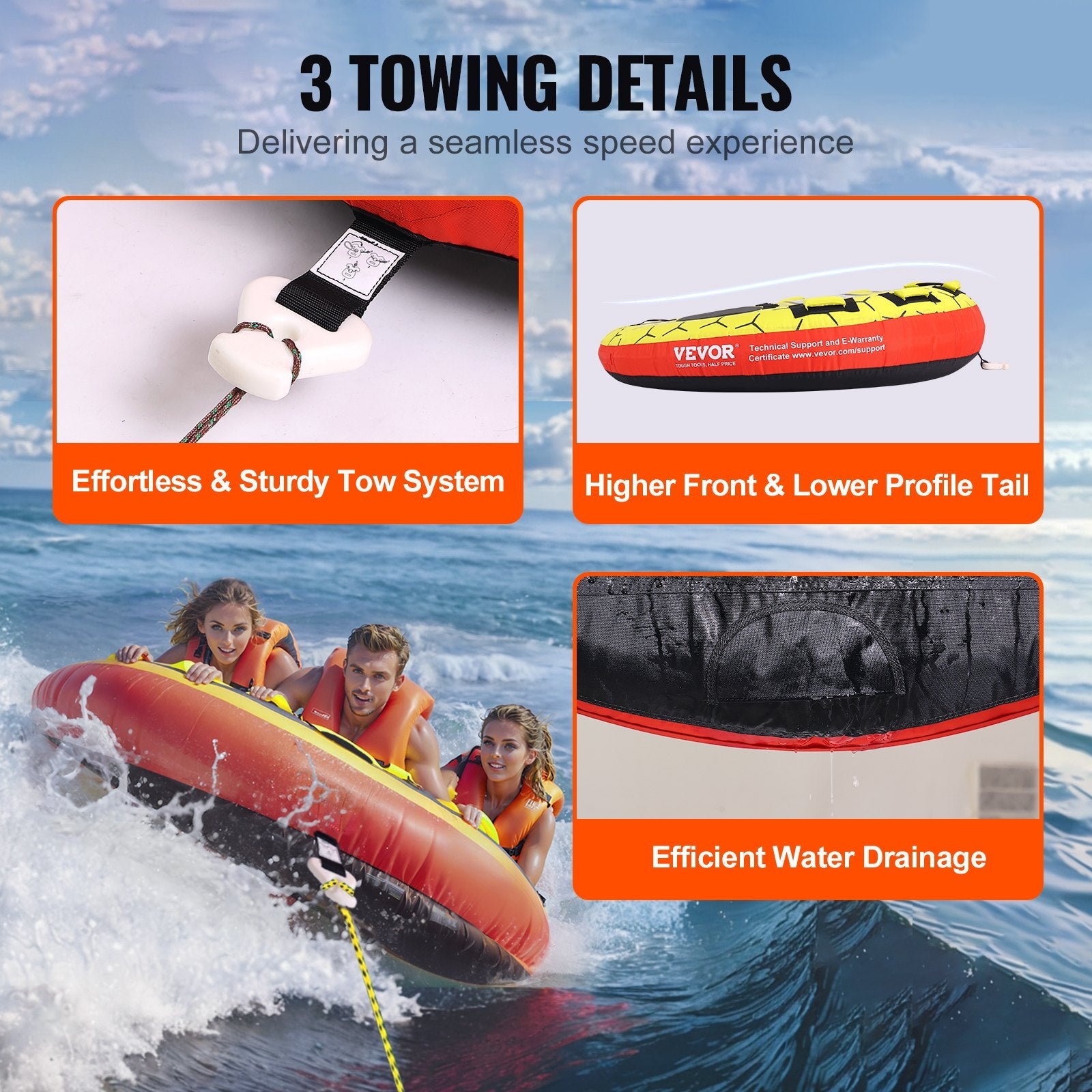 VEVOR Towable Tube for Boating, 1-3 Riders Inflatable Boat Tubes and Towables, 510 lbs, 63" Round Water Sport Towable Tubes for Boats to Pull, Full Nylon Cover, EVA Grab Handles and Speed Safety Valve 