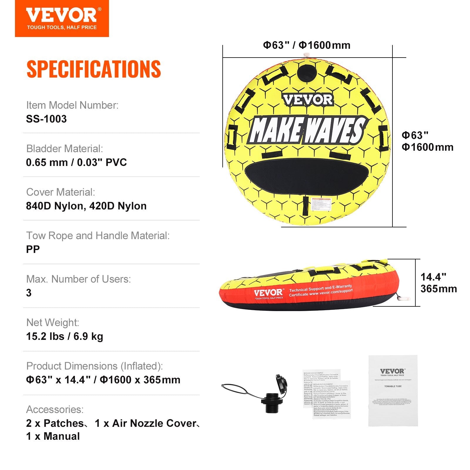 VEVOR Towable Tube for Boating, 1-3 Riders Inflatable Boat Tubes and Towables, 510 lbs, 63" Round Water Sport Towable Tubes for Boats to Pull, Full Nylon Cover, EVA Grab Handles and Speed Safety Valve 