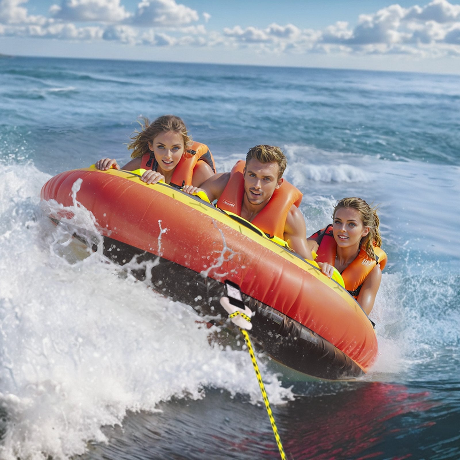 VEVOR Towable Tube for Boating, 1-3 Riders Inflatable Boat Tubes and Towables, 510 lbs, 63" Round Water Sport Towable Tubes for Boats to Pull, Full Nylon Cover, EVA Grab Handles and Speed Safety Valve 