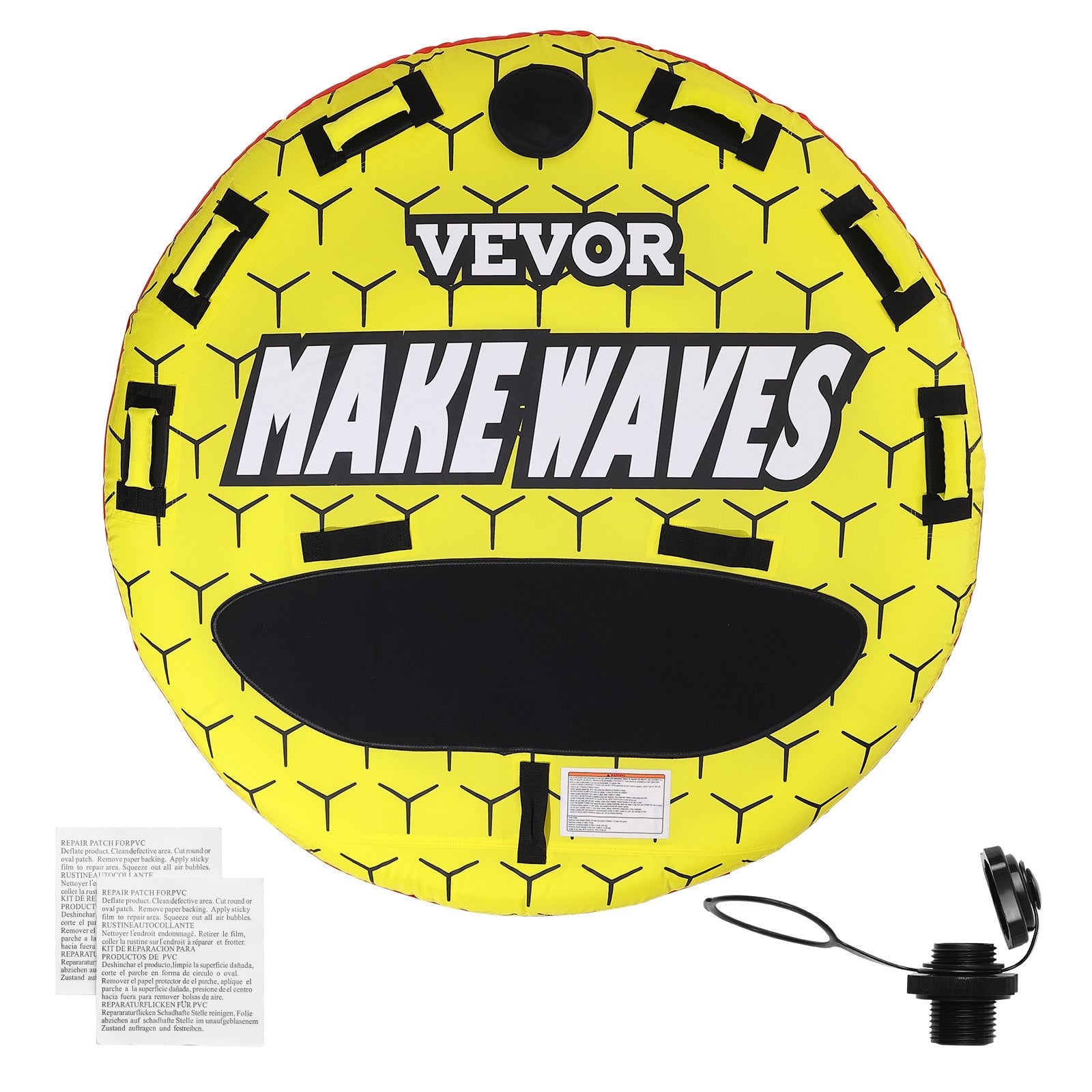 VEVOR Towable Tube for Boating, 1-3 Riders Inflatable Boat Tubes and Towables, 510 lbs, 63" Round Water Sport Towable Tubes for Boats to Pull, Full Nylon Cover, EVA Grab Handles and Speed Safety Valve 