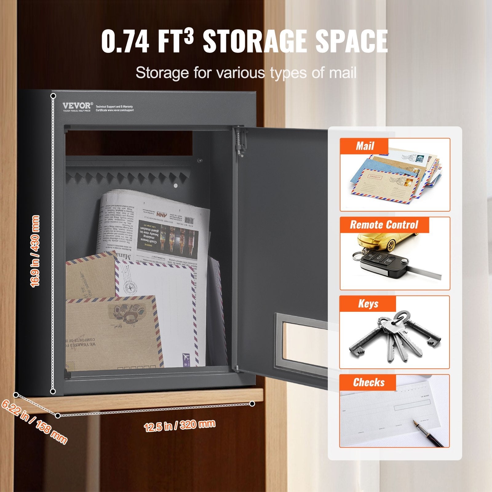 VEVOR Through The Wall Drop Box, Heavy Duty Steel Through the Wall Mailbox with 2.8-7.9" 13" Combination Lock, 12.5x6.3x16.9" Mail Drop Box, Dark Gray 