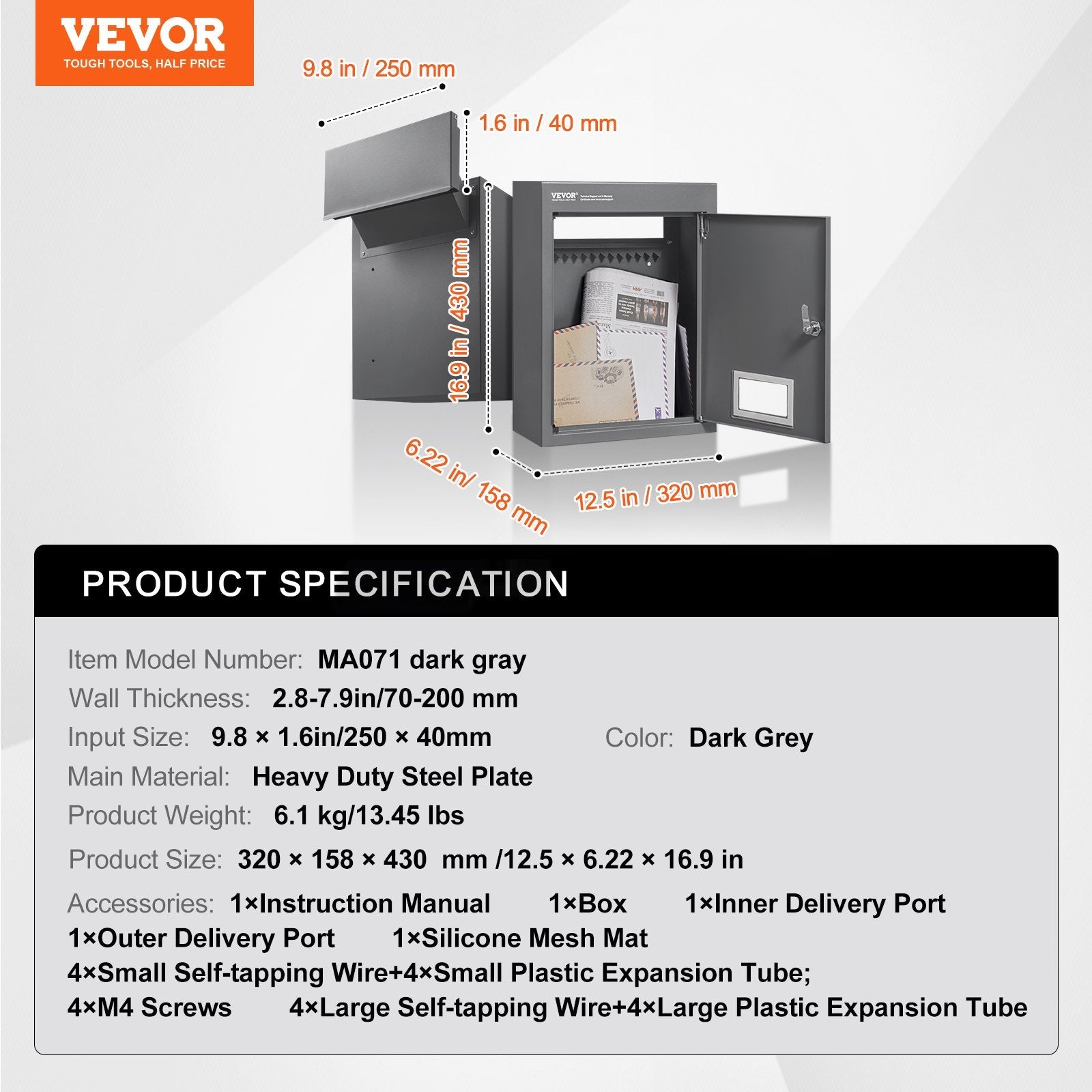 VEVOR Through The Wall Drop Box, Heavy Duty Steel Through the Wall Mailbox with 2.8-7.9" 13" Combination Lock, 12.5x6.3x16.9" Mail Drop Box, Dark Gray 