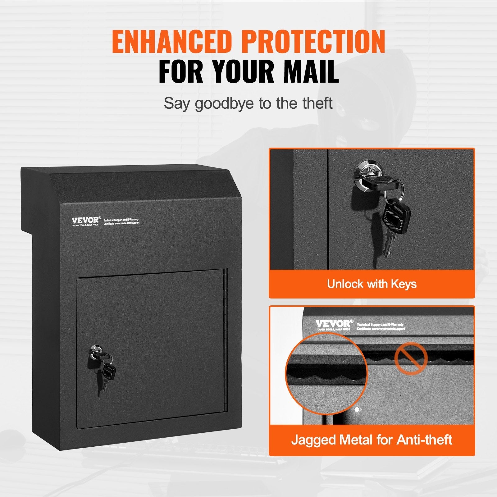 VEVOR Through The Door Key Drop Box 12x6x16" Mailbox with 1.8"12" Key Lock Black 