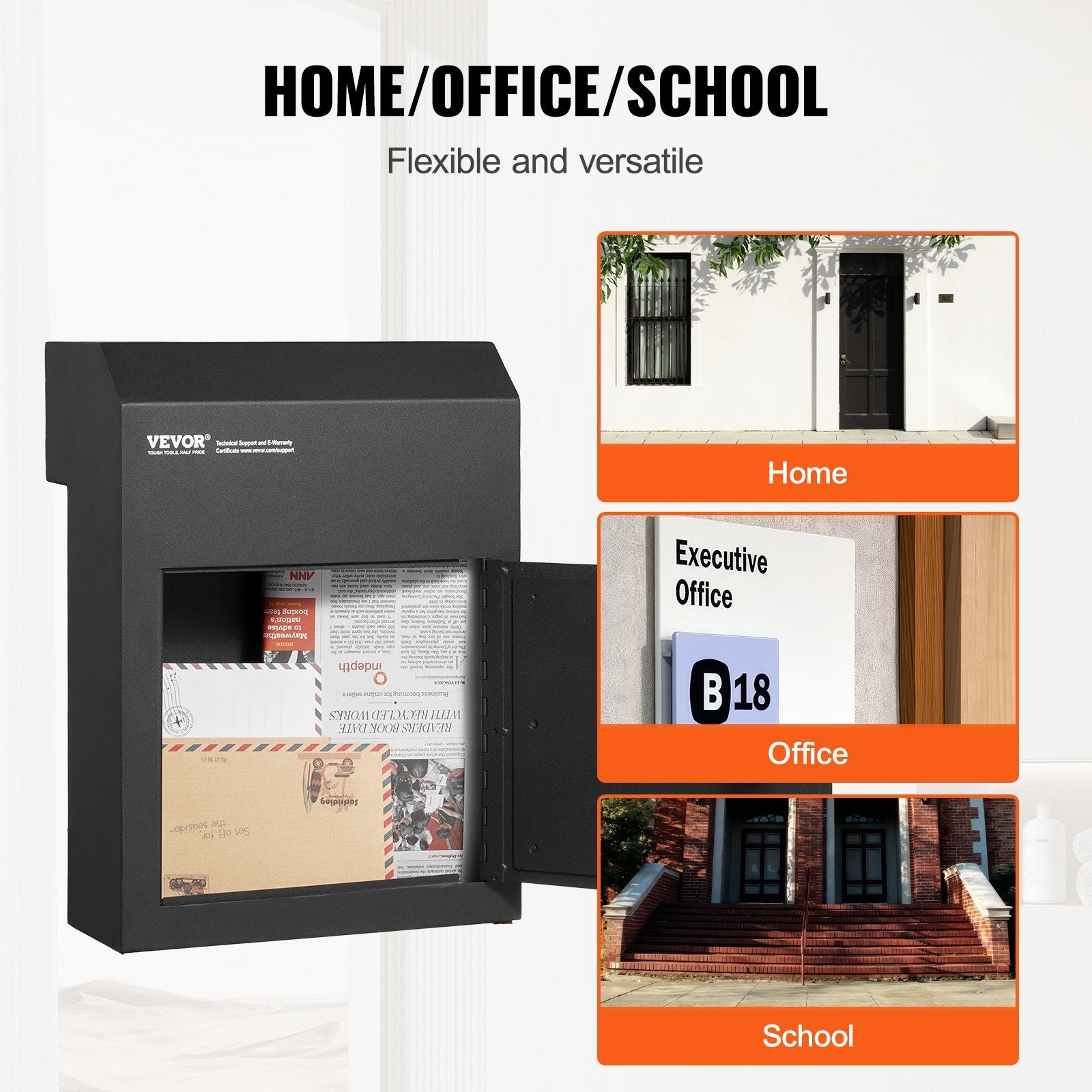 VEVOR Through The Door Key Drop Box 12x6x16" Mailbox with 1.8"12" Key Lock Black 